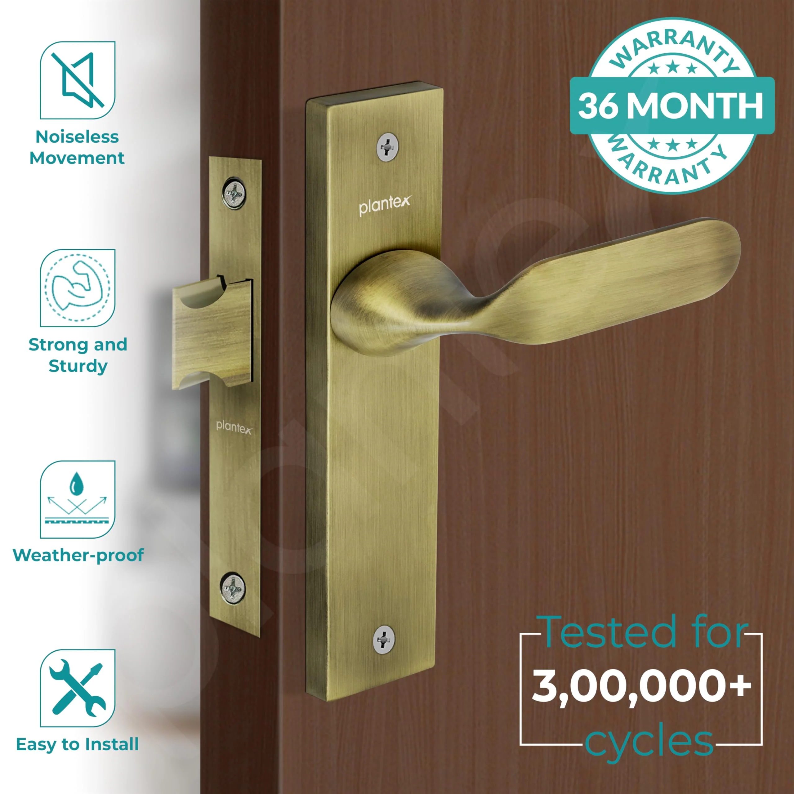 Plantex Heavy Duty Door Lock – Bathroom Door Lock/Mortise 8inch Keyless Plate Handle Set for Home/Bathroom/Store Room/Balcony/Office with Baby Latch (8106, Brass Antique) - Image 2