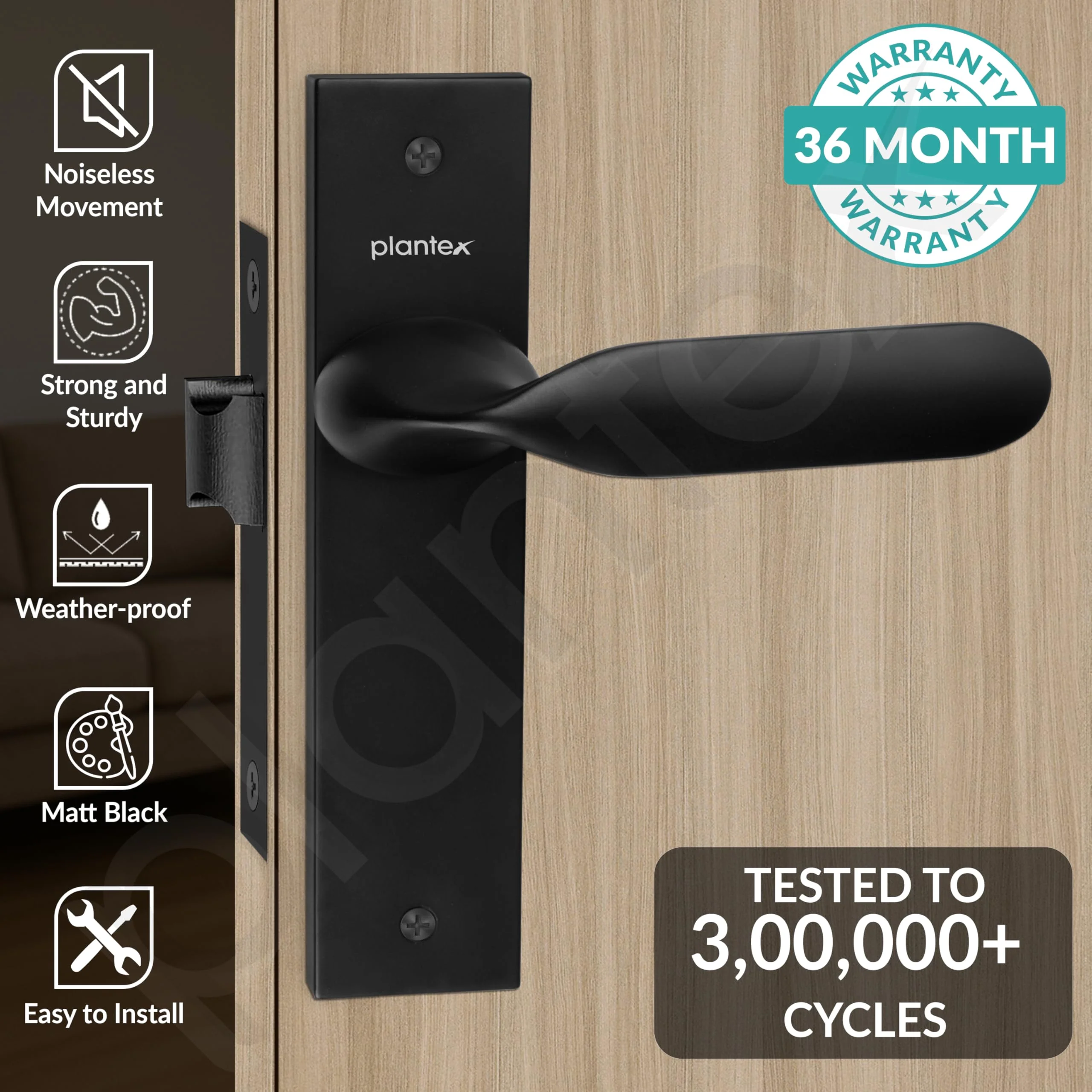 Plantex Heavy Duty Door Lock – Bathroom Door Lock/Mortise 8inch Keyless Plate Handle Set for Home/Bathroom/Store Room/Balcony/Office with Baby Latch (8106, Z-Black) - Image 2