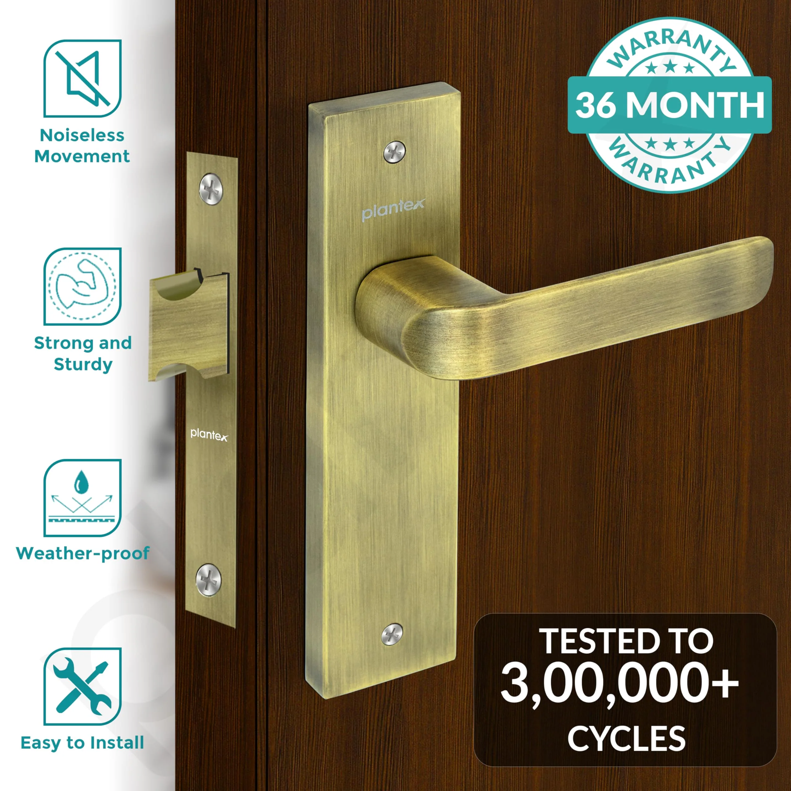 Plantex Heavy Duty Door Lock – Bathroom Door Lock/Mortise 8inch Keyless Plate Handle Set for Home/Bathroom/Store Room/Balcony/Office with Baby Latch (8110, Brass Antique) - Image 2