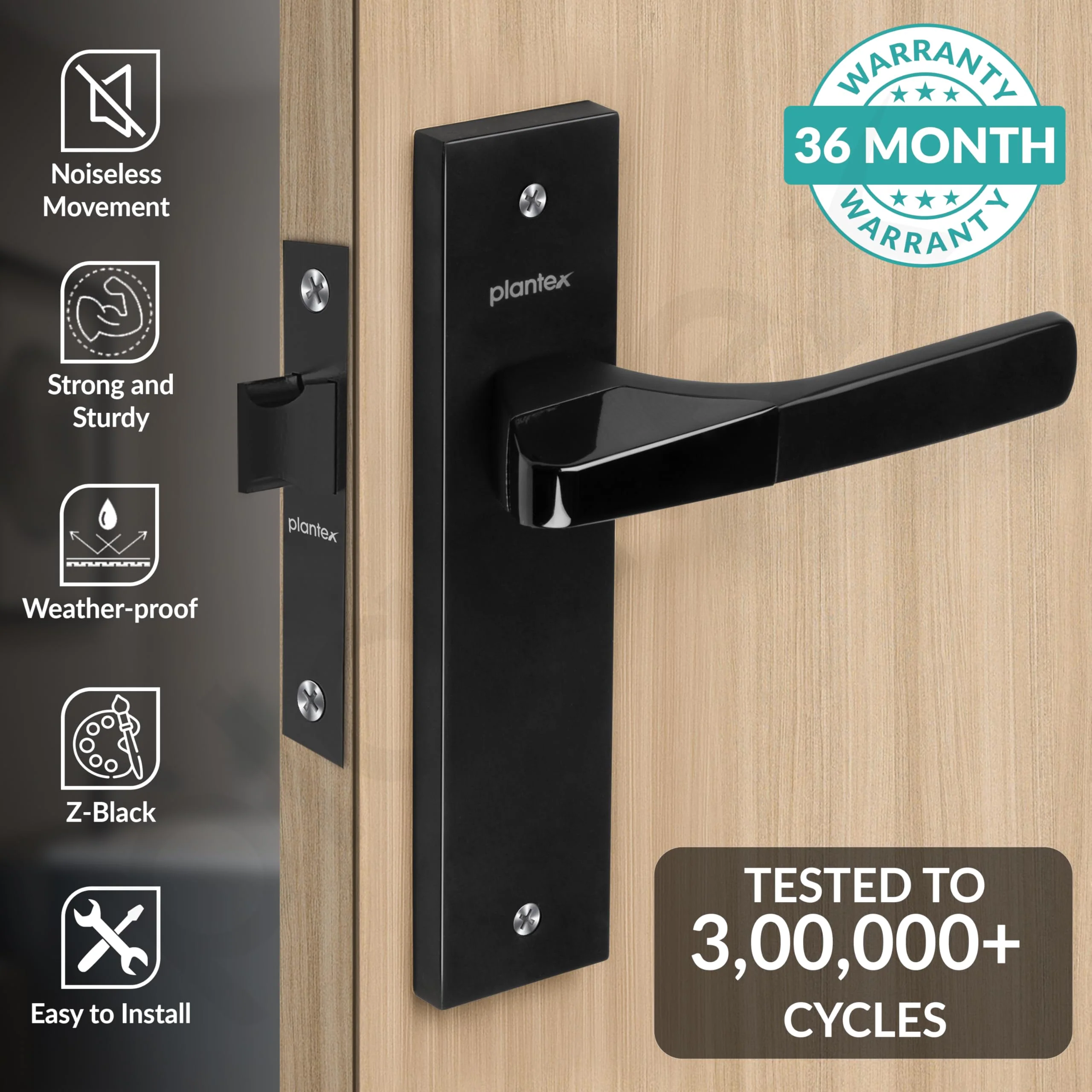 Plantex Heavy Duty Door Lock – Bathroom Door Lock/Mortise 8inch Keyless Plate Handle Set for Home/Bathroom/Store Room/Balcony/Office with Baby Latch (8114, DC-Black & Z-Black) - Image 2