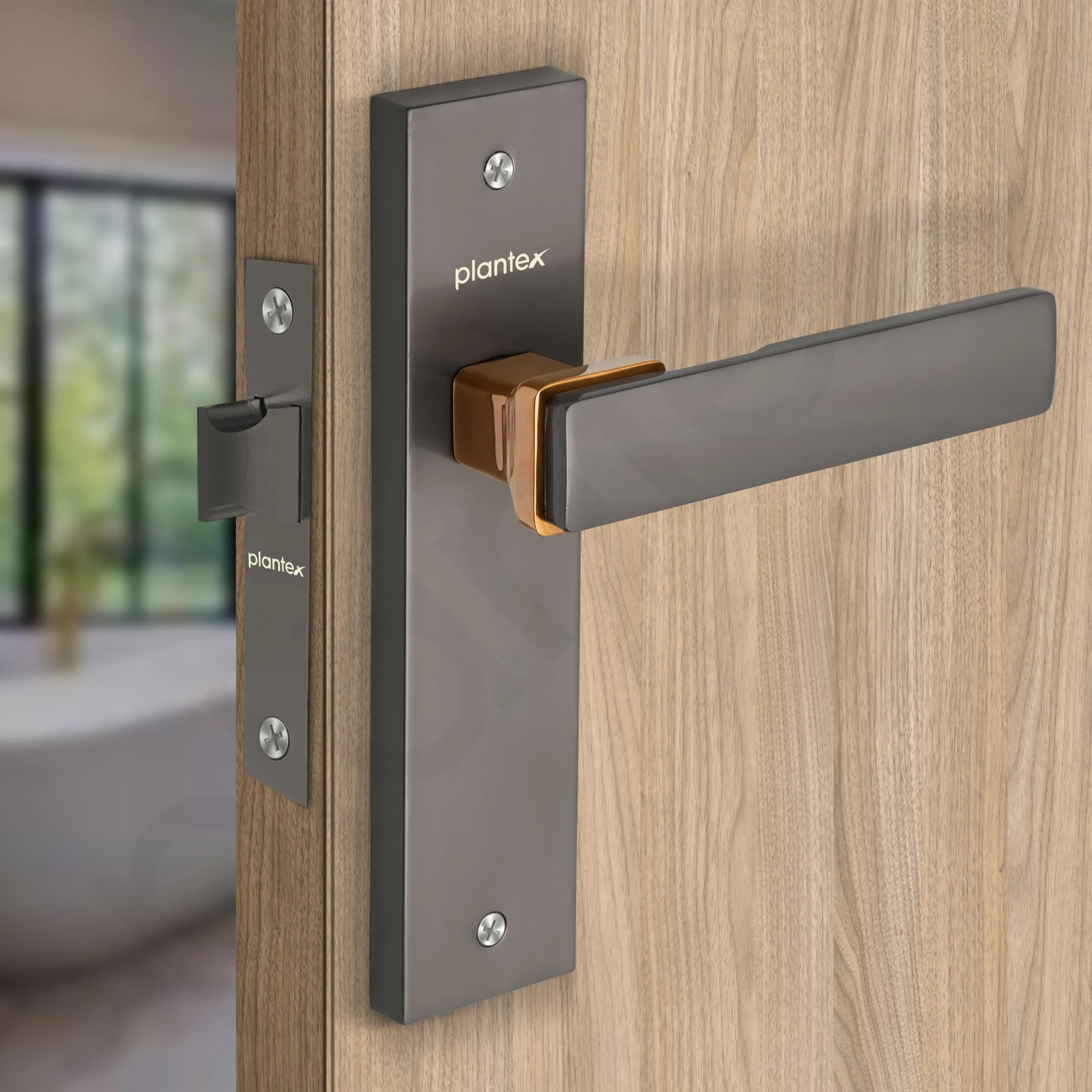 Plantex Heavy Duty Door Lock โ Bathroom Door Lock/Mortise 8inch Keyless Plate Handle Set for Home/Bathroom/Store Room/Balcony/Office with Baby Latch (8116, Satin Black & PVD Choco) - Image 4