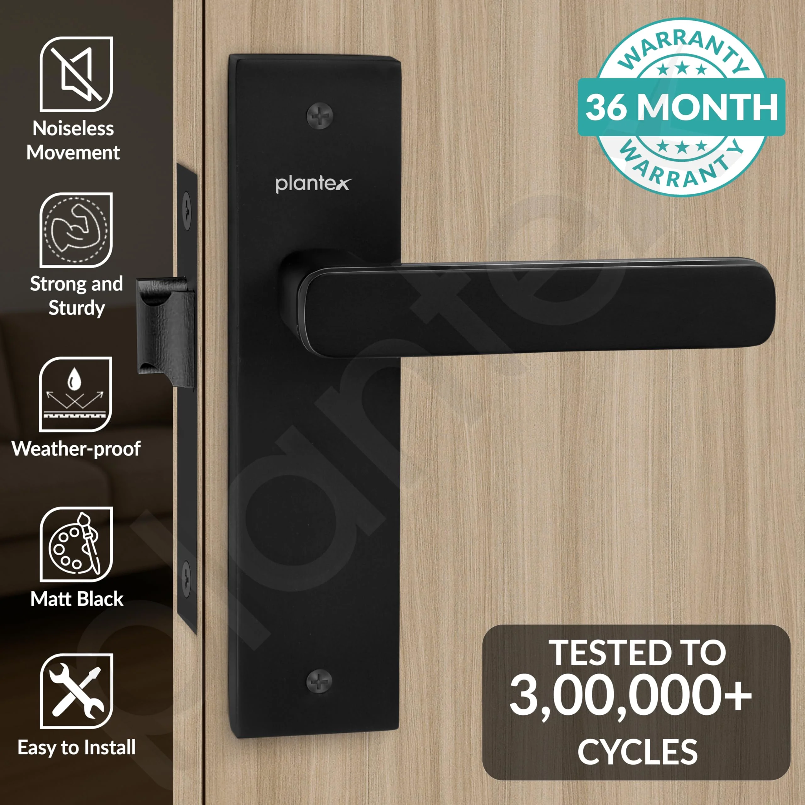 Plantex Heavy Duty Door Lock – Bathroom Door Lock/Mortise 8inch Keyless Plate Handle Set for Home/Bathroom/Store Room/Balcony/Office with Baby Latch (8125, DC-Black & Z-Black) - Image 2