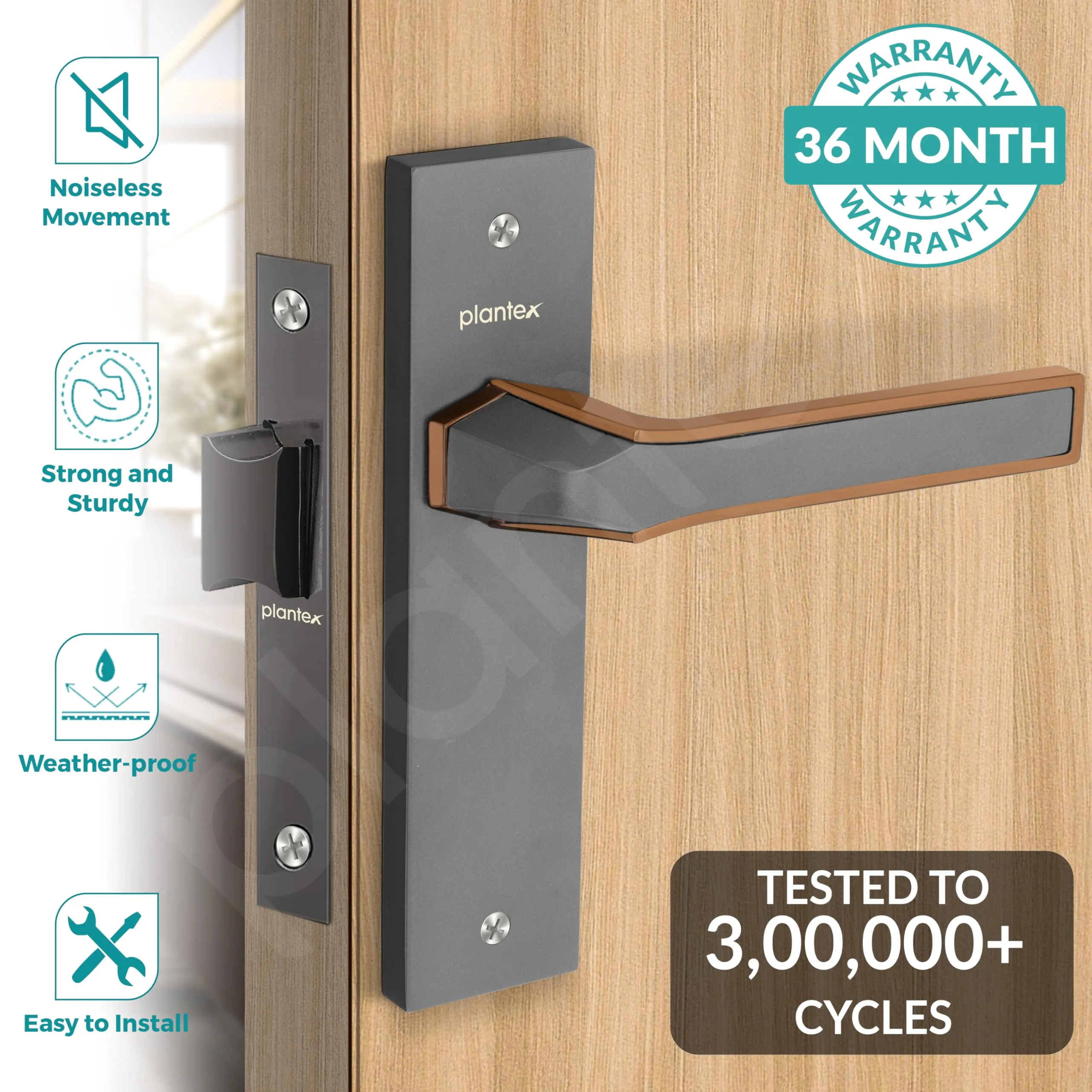 Plantex Heavy Duty Door Lock – Bathroom Door Lock/Mortise 8inch Keyless Plate Handle Set for Home/Bathroom/Store Room/Balcony/Office with Baby Latch (8126, Grey & PVD Choco) - Image 2