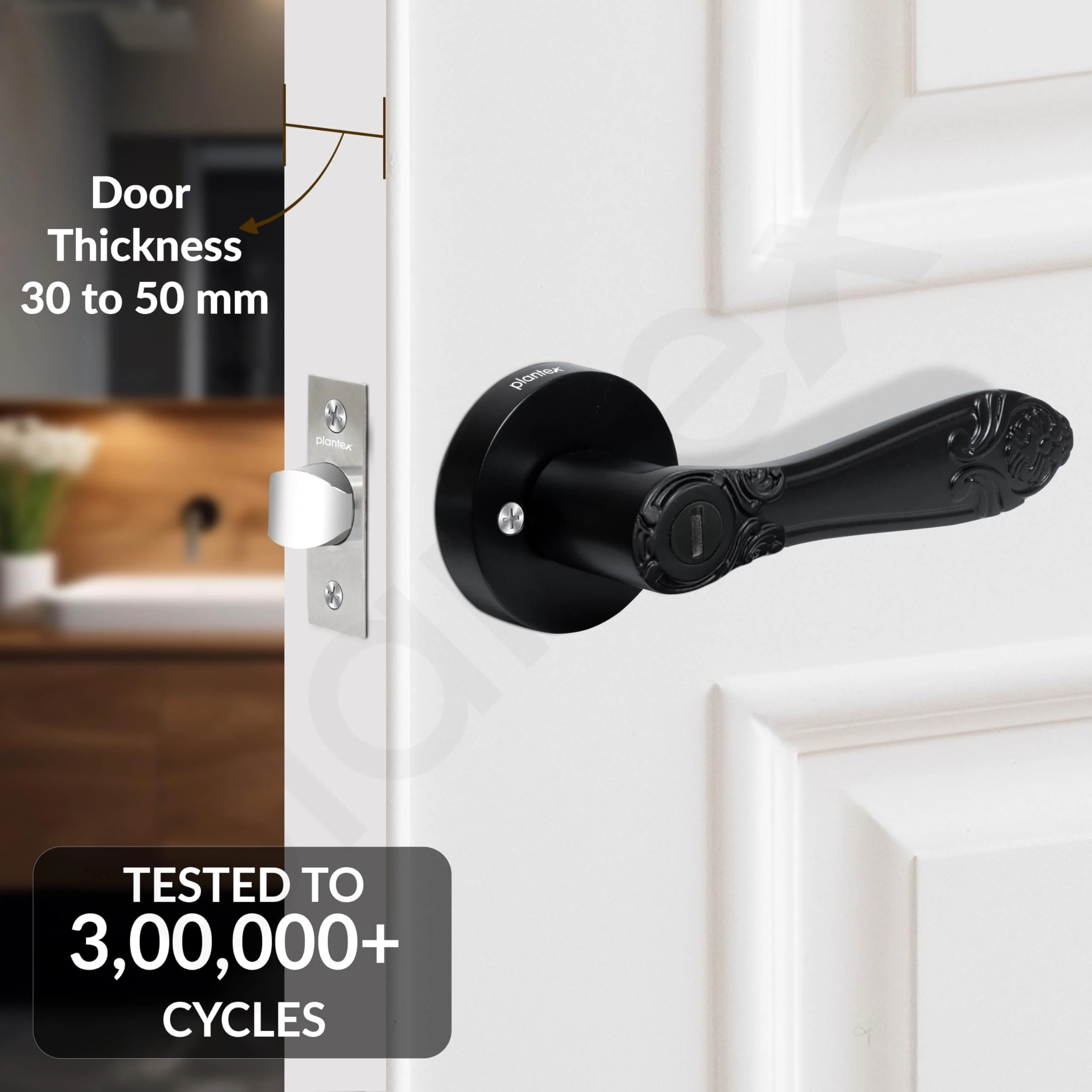 Plantex Heavy-Duty Door Lock - Bathroom Door Lock/Mortise Keyless Handle Set for Home/Bathroom/Balcony/Store Room - (DTM-628, Black) - Image 2