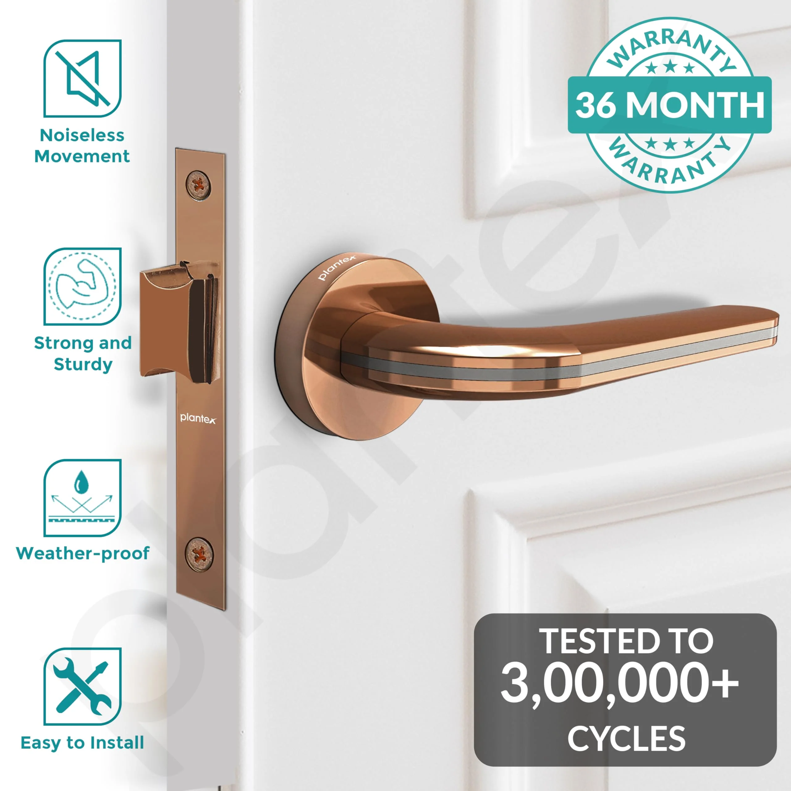 Plantex Heavy Duty Door Lock – Bathroom Door Lock/Mortise Keyless Handle Set for Home/Bathroom/Store Room/Balcony/Office with Baby Latch – (7077 – Satin Black & PVD Choco) - Image 2