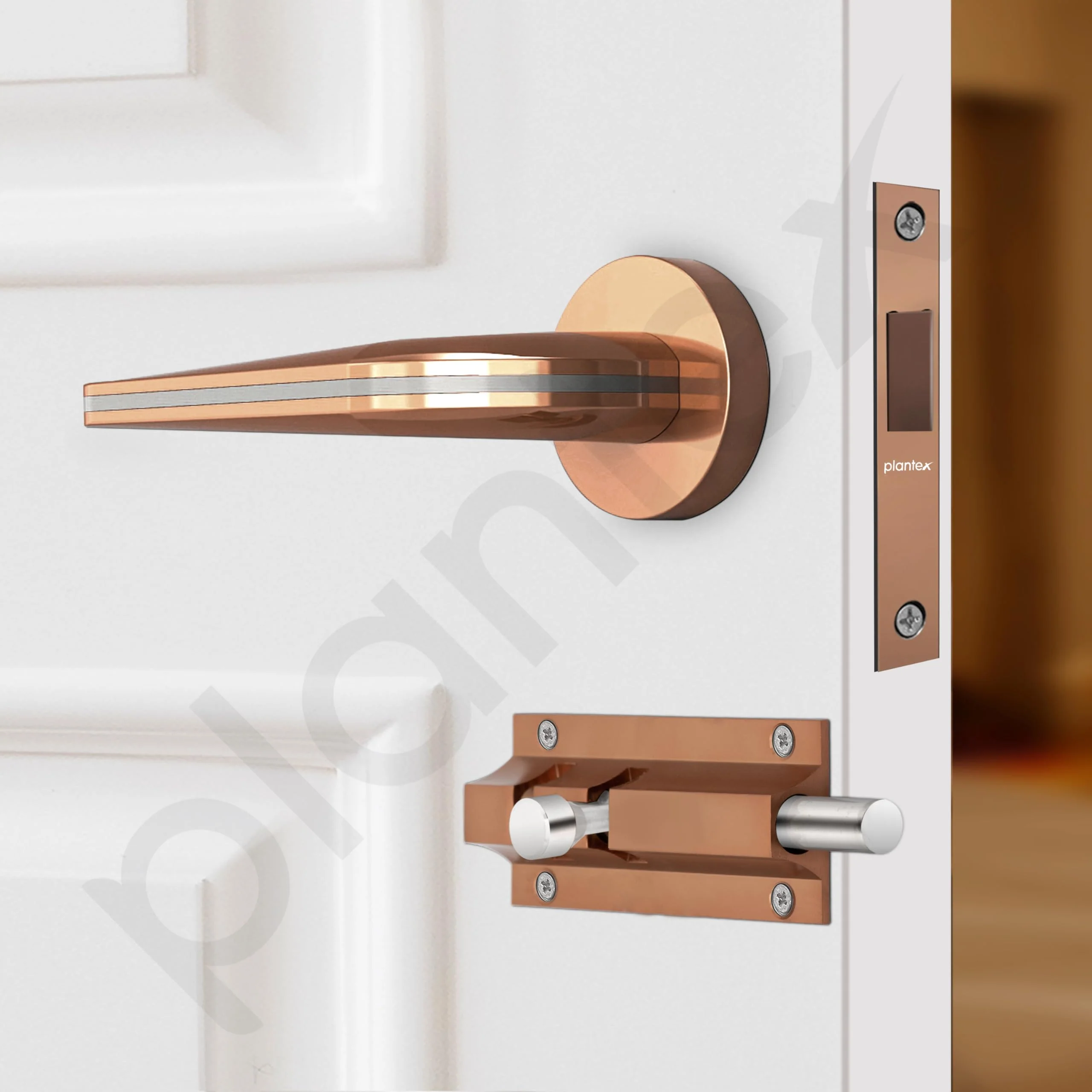 Plantex Heavy Duty Door Lock – Bathroom Door Lock/Mortise Keyless Handle Set for Home/Bathroom/Store Room/Balcony/Office with Baby Latch – (7077 – Satin Black & PVD Choco) - Image 4