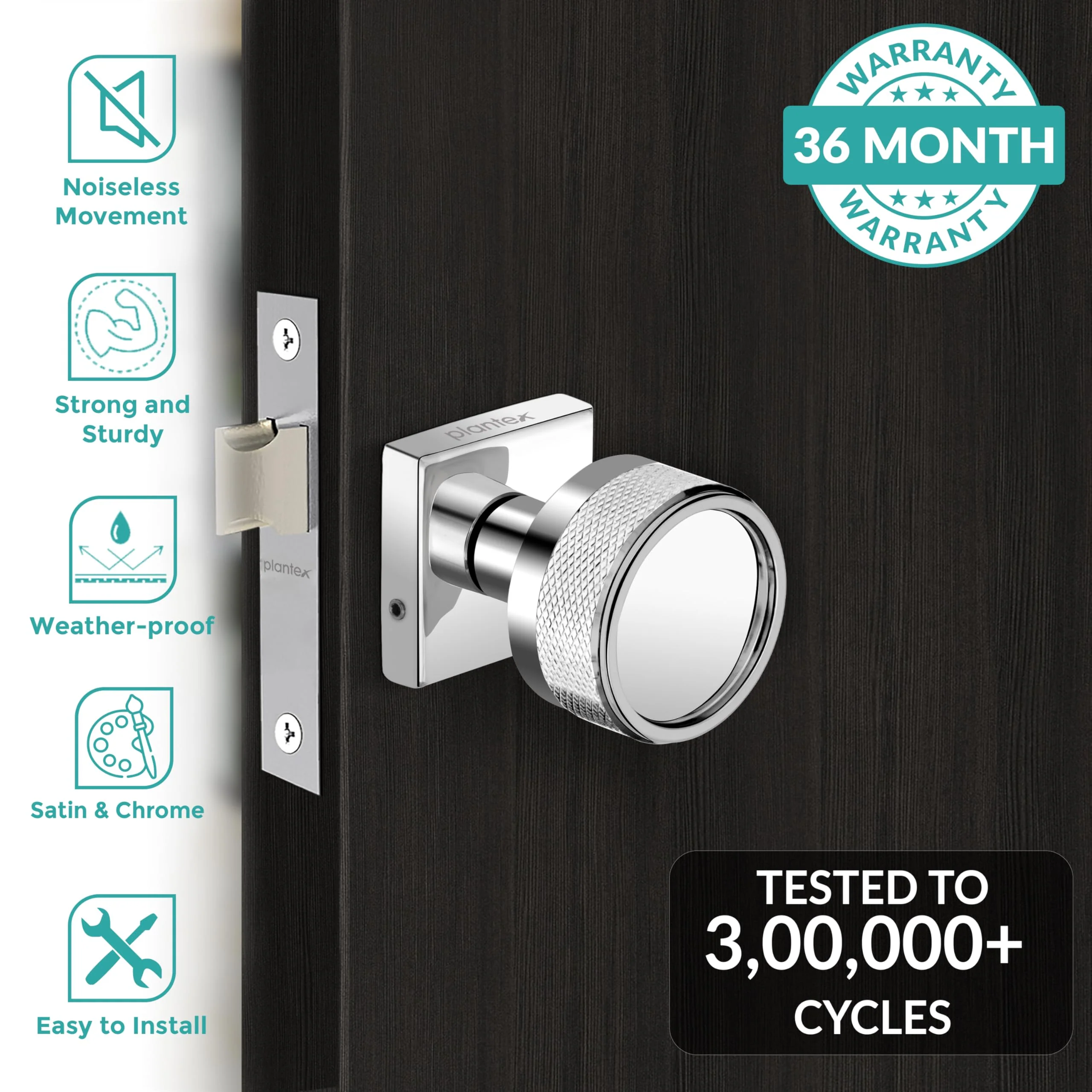Plantex Heavy Duty Door Lock – Bathroom Door Lock/Mortise Keyless Knob Handle Set for Home/Bathroom/Store Room/Balcony/Office with Baby Latch (604 - Satin) - Image 2