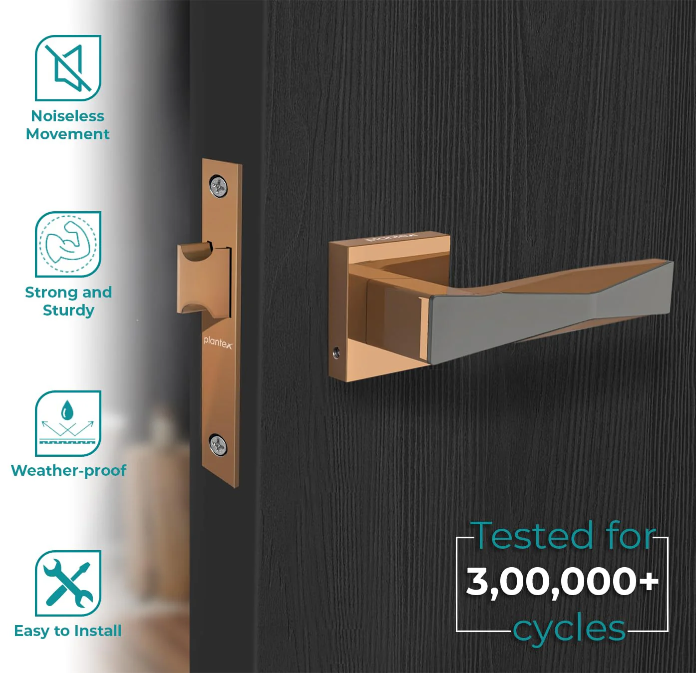 Plantex Heavy Duty Door Lock for Bathroom/Mortise Keyless Door Lock for Store Room/Balcony/Office with Baby Latch (7085 - PVD Choco & Satin Black Matt Finish) - Image 2