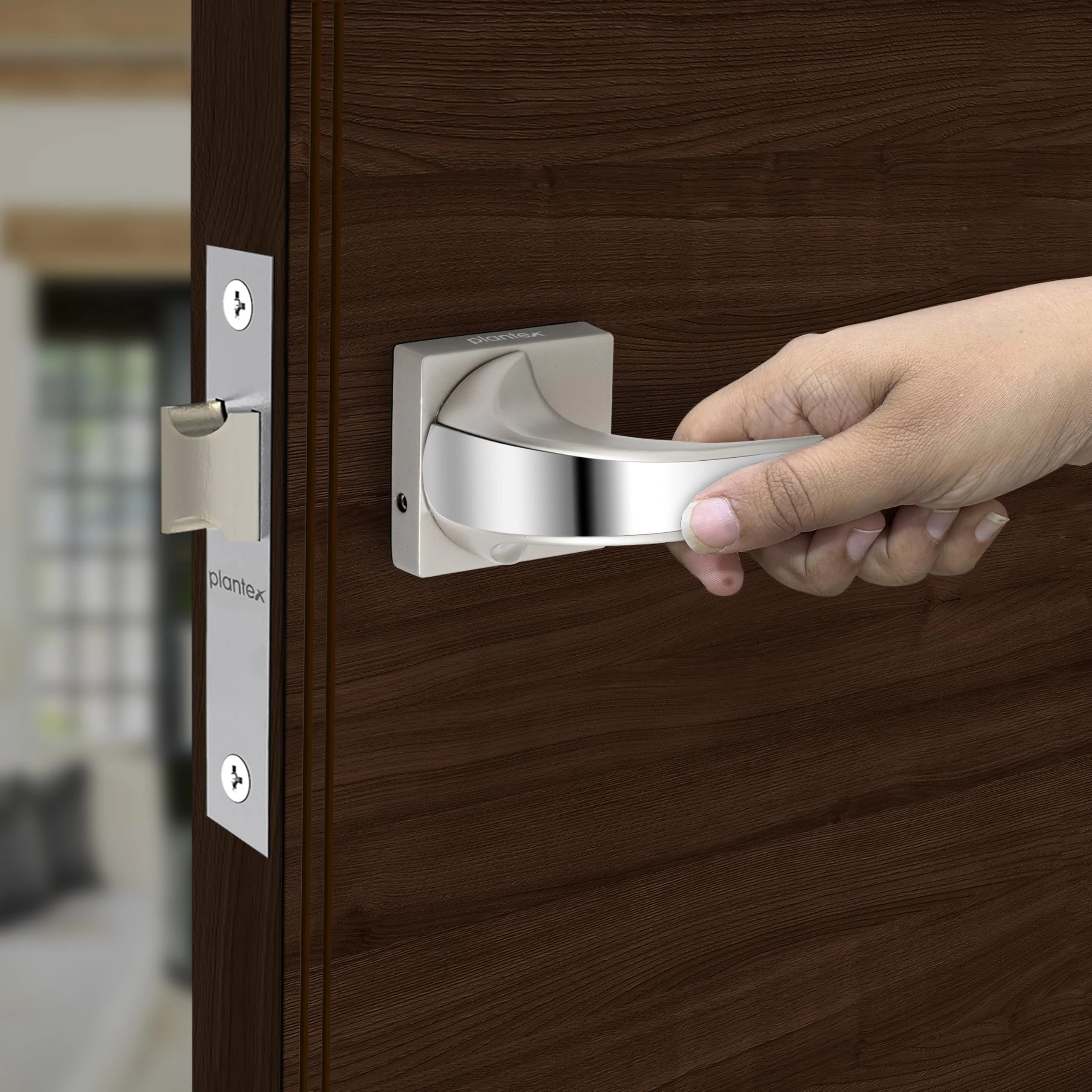 Plantex Heavy Duty Door Lock for Bathroom/Mortise Keyless Handle Door Lock for Store Room/Balcony/Office with Baby Latch –(7091 Satin White & Chrome Finish) - Image 4