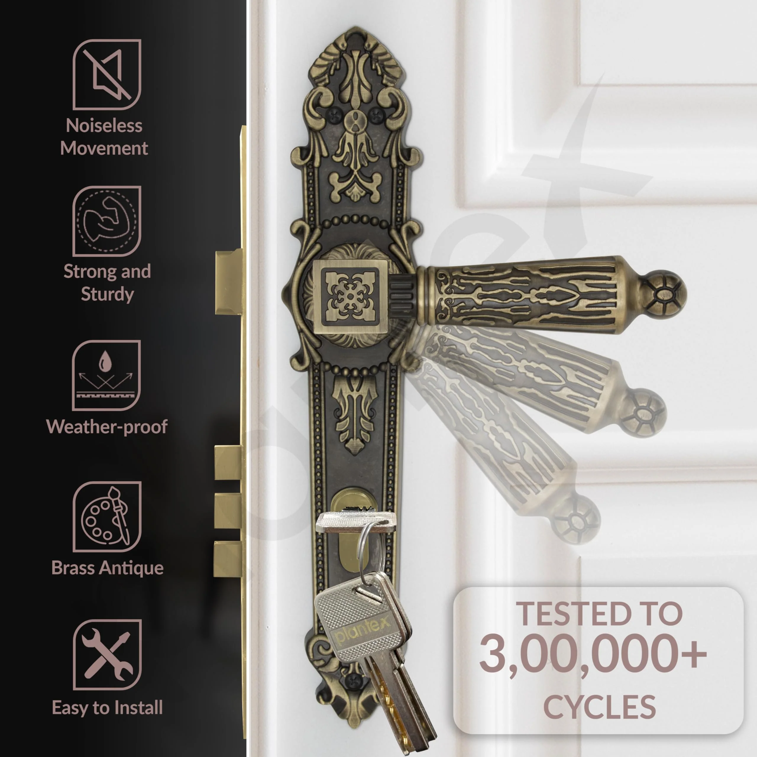 Plantex Heavy-Duty Door Lock for Main Door/Mortise Locks Handle Set with 3 Years of Warranty Mortice Locks with 3 Keys, Brass Lock Body & Cylinder(657- Brass Antique) - Image 2