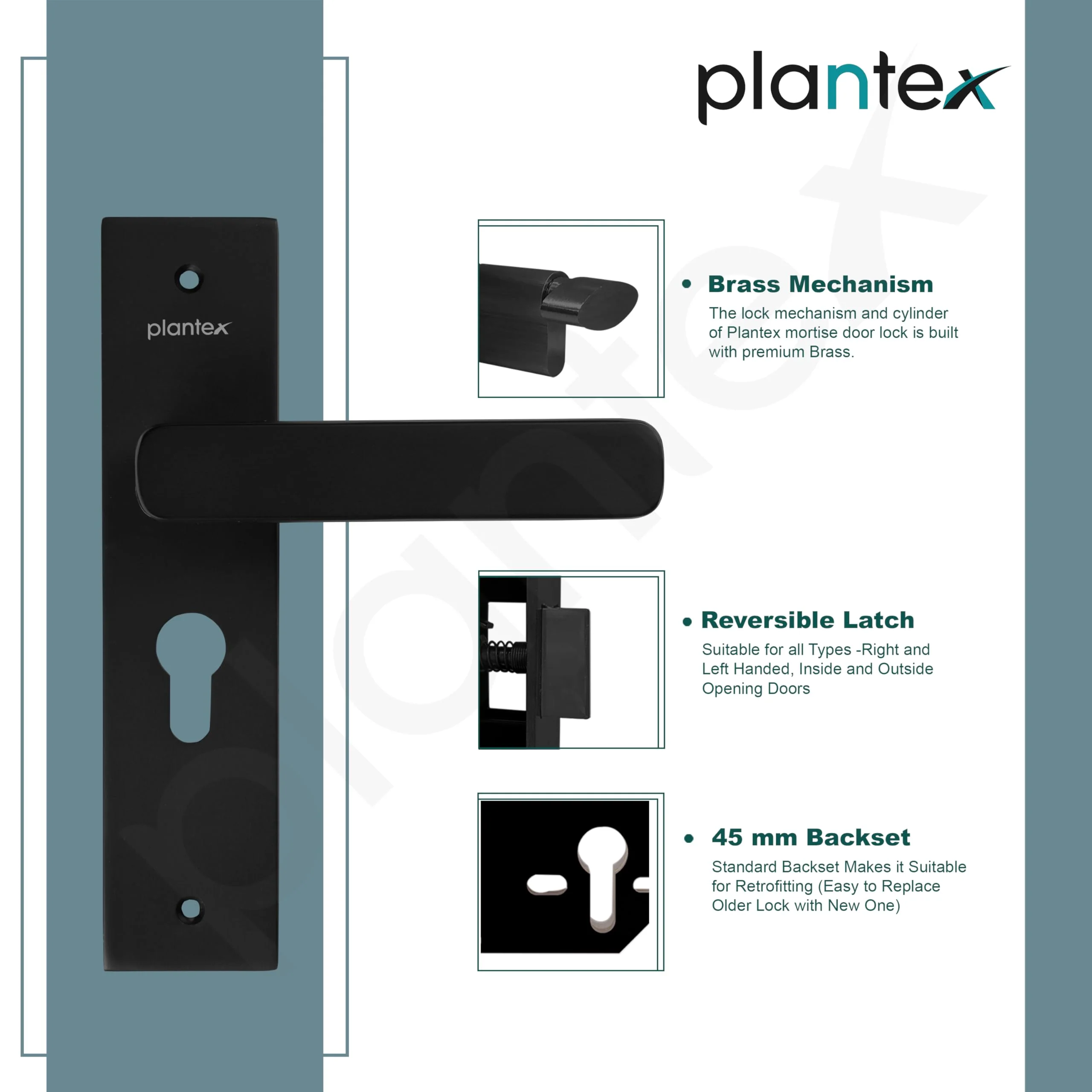 Plantex Heavy-Duty Door Lock - Main Door Locks Handle Set/Mortise Lock with 3 Keys, Brass Lockbody & Cylinder (8125 - Z Black & DC Black) - Image 6