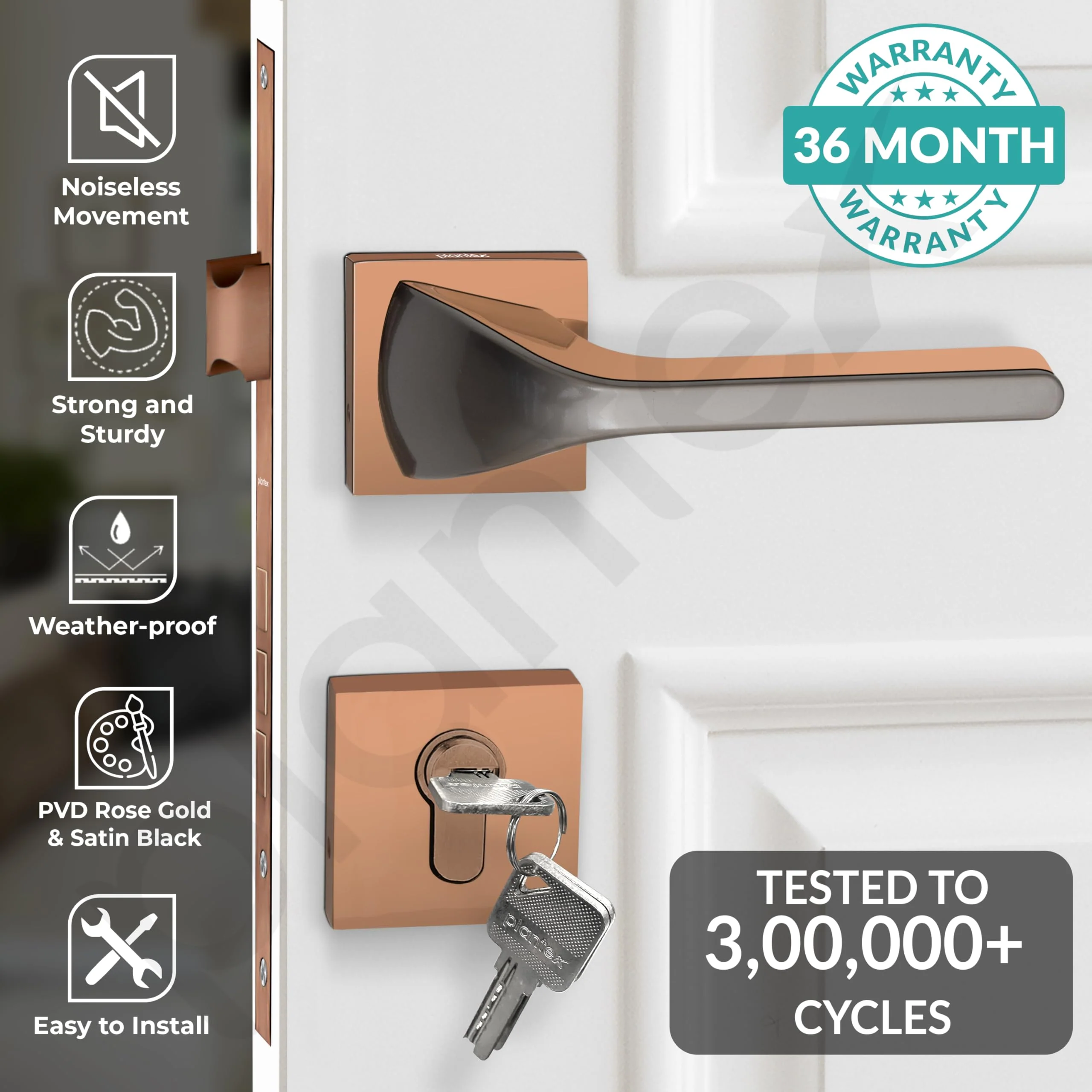 Plantex Heavy Duty Door Lock/Main Door Mortise Lock Handle/Handle Set for Home/Office - Door Accessories- (APS-PT-009- Rose Gold - Satin) - Image 2