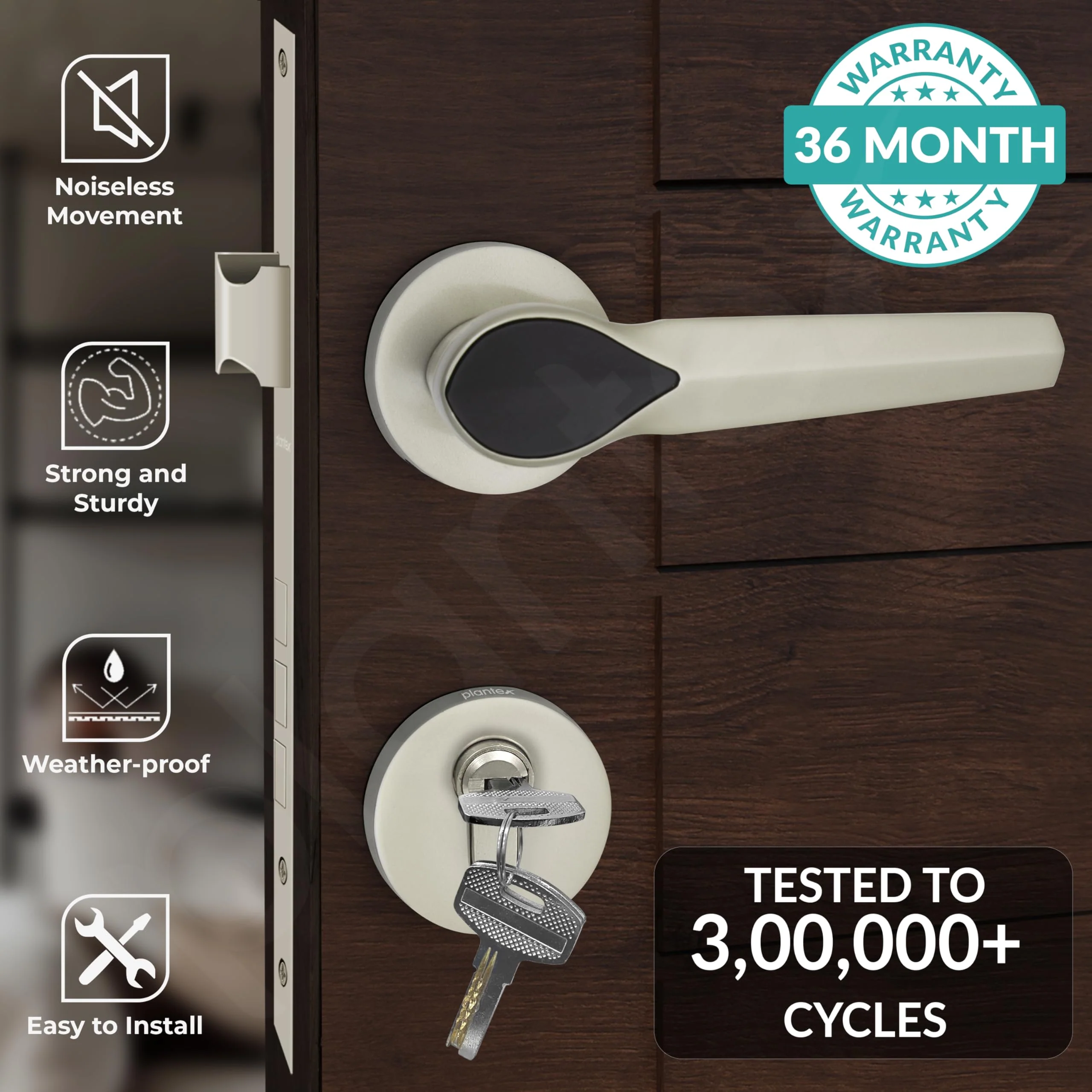 Plantex Heavy Duty Door Lock/Main Door Mortise Lock Handle/Handle Set for Home/Office/Door Accessories - (PT-012, Satin & Black) - Image 2