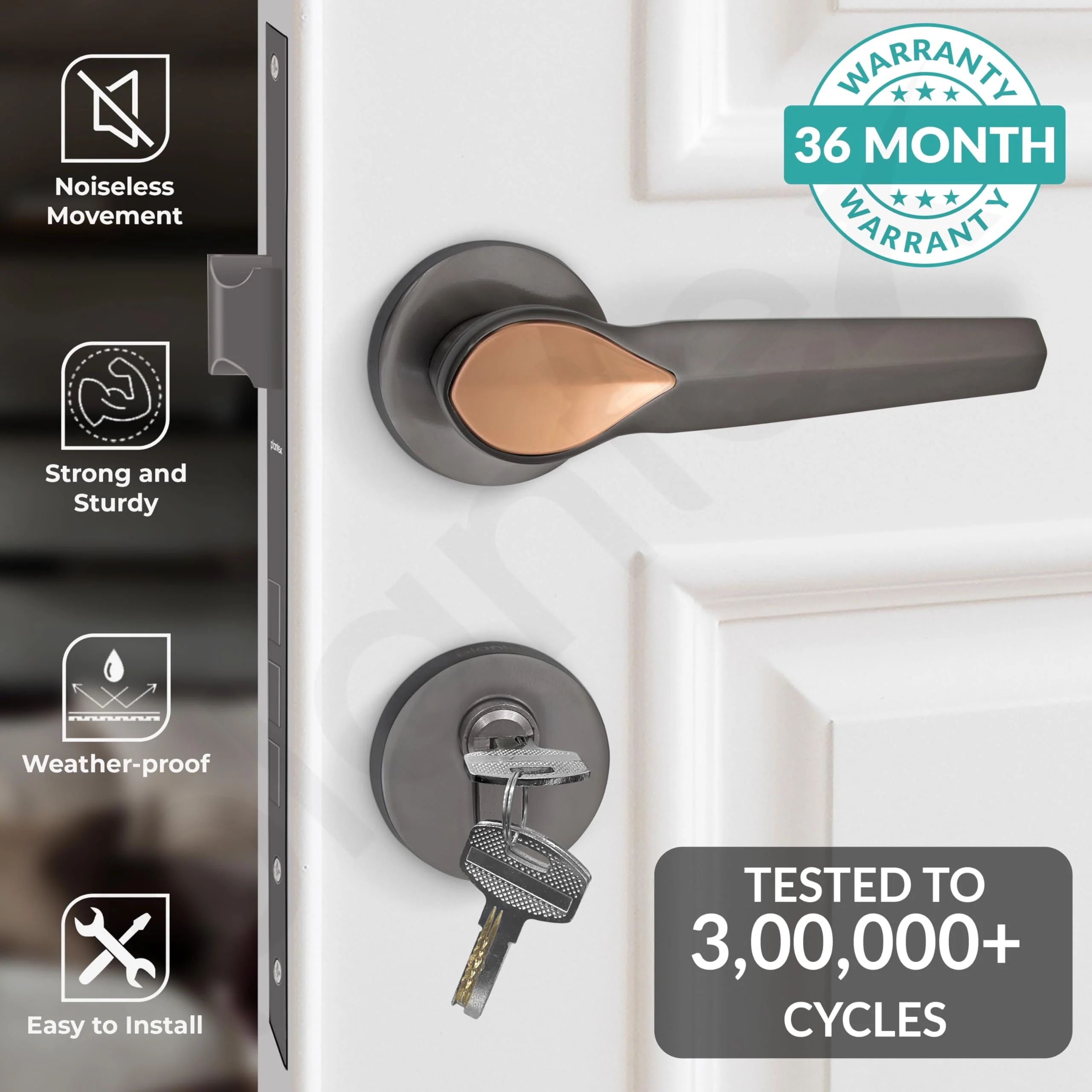Plantex Heavy Duty Door Lock/Main Door Mortise Lock Handle/Handle Set for Home/Office/Door Accessories - (PT-012, Satin Black & Rose Gold) - Image 2
