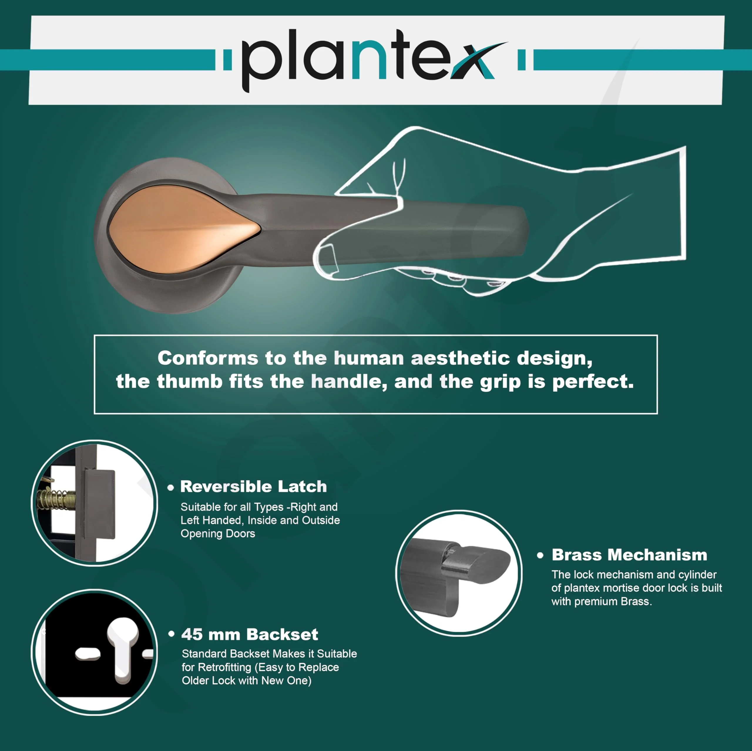 Plantex Heavy Duty Door Lock/Main Door Mortise Lock Handle/Handle Set for Home/Office/Door Accessories - (PT-012, Satin Black & Rose Gold) - Image 4