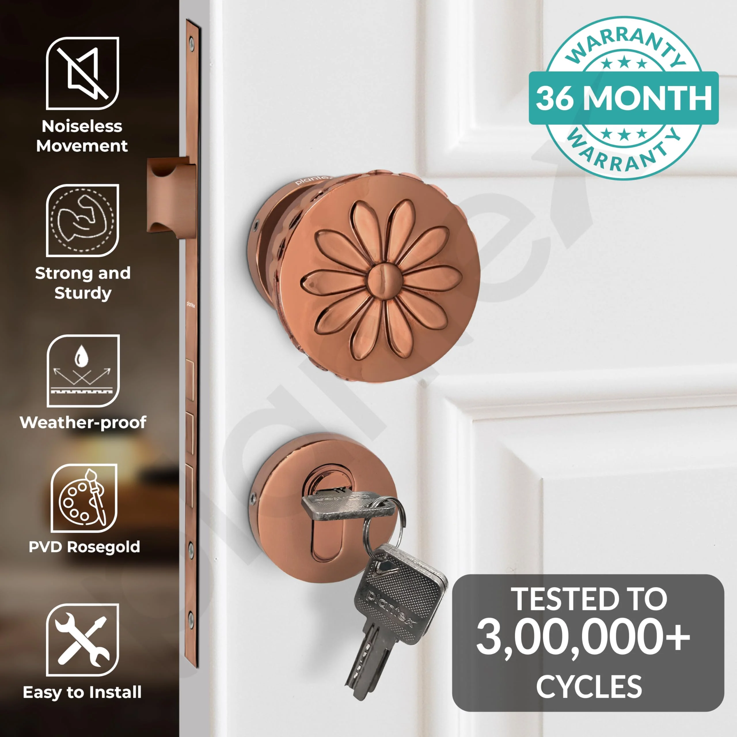 Plantex Heavy Duty Door Lock/Main Door Mortise Lock Handle/Handle Set for Home/Office/Door Accessories (Rose Gold) - Image 2