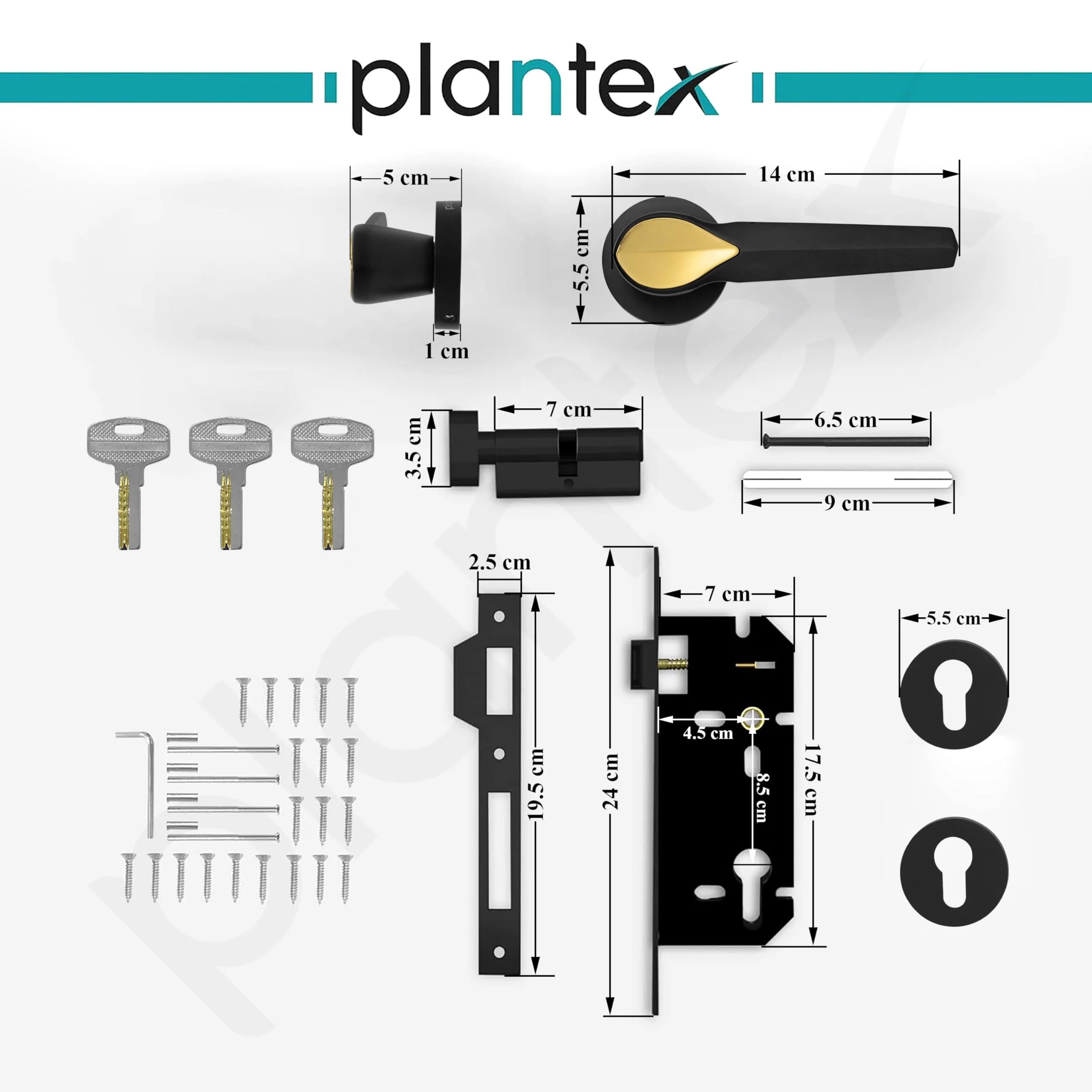 Plantex Heavy Duty Door Lock/Main Door Mortise Lock Handle/Handle Set for Home/Office (PT-012, Gold & Black) - Image 3
