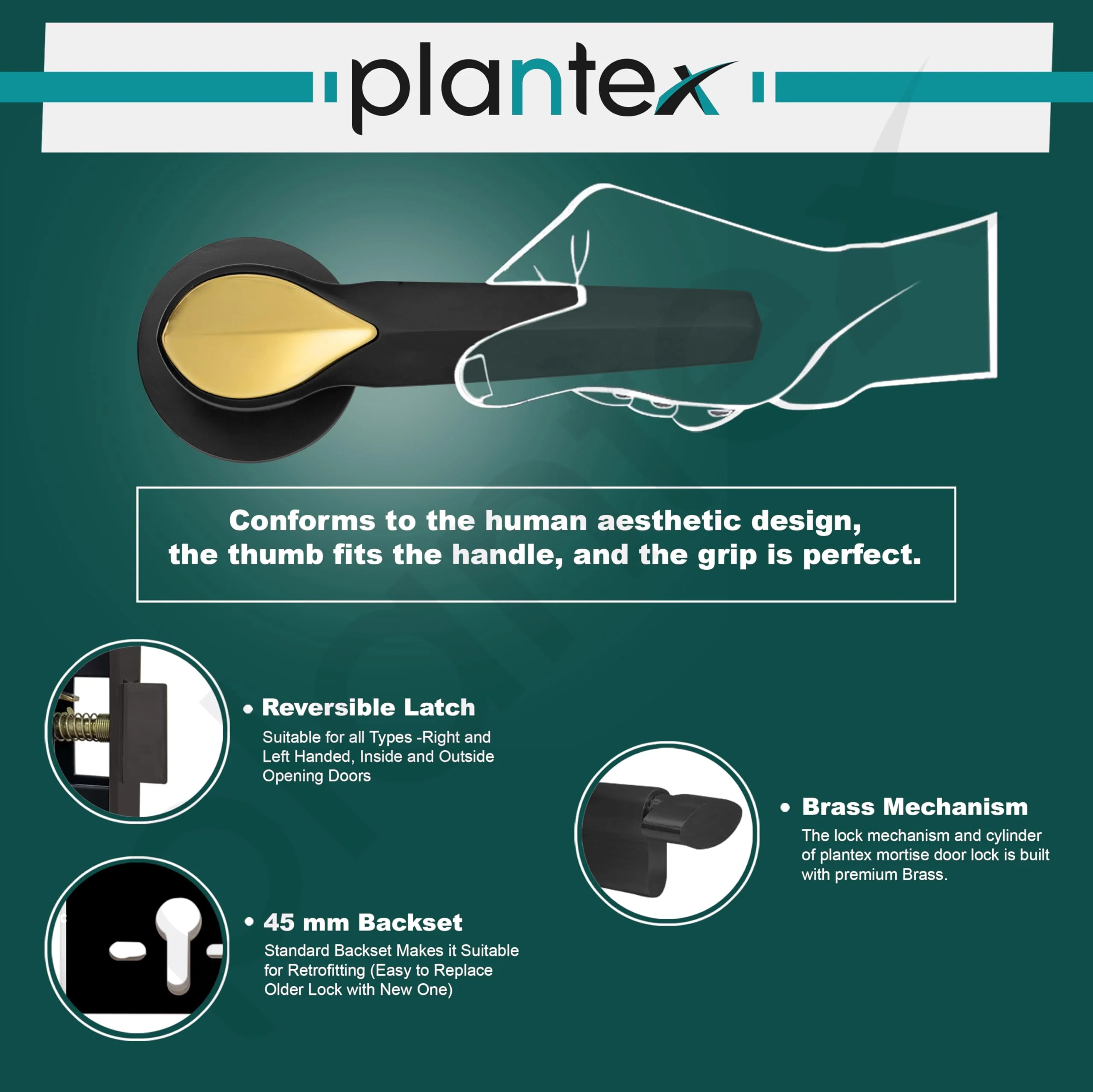 Plantex Heavy Duty Door Lock/Main Door Mortise Lock Handle/Handle Set for Home/Office (PT-012, Gold & Black) - Image 4
