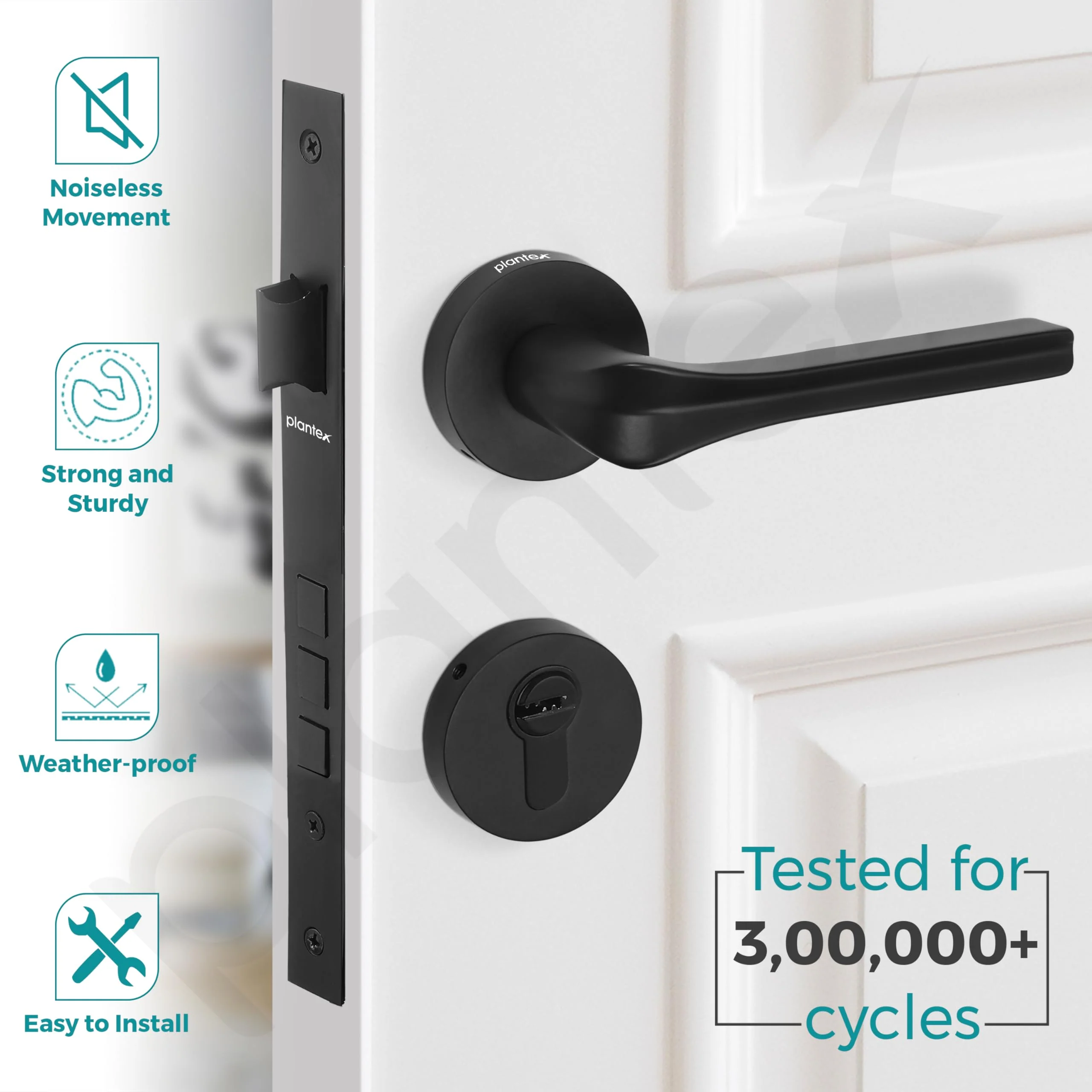 Plantex Heavy Duty Door Lock/Mortise Lock Knob For Door/Handle Door Lock For Bedroom/Home/Office/Hotel- 3 Brass Keys(Black Finish) - Image 2