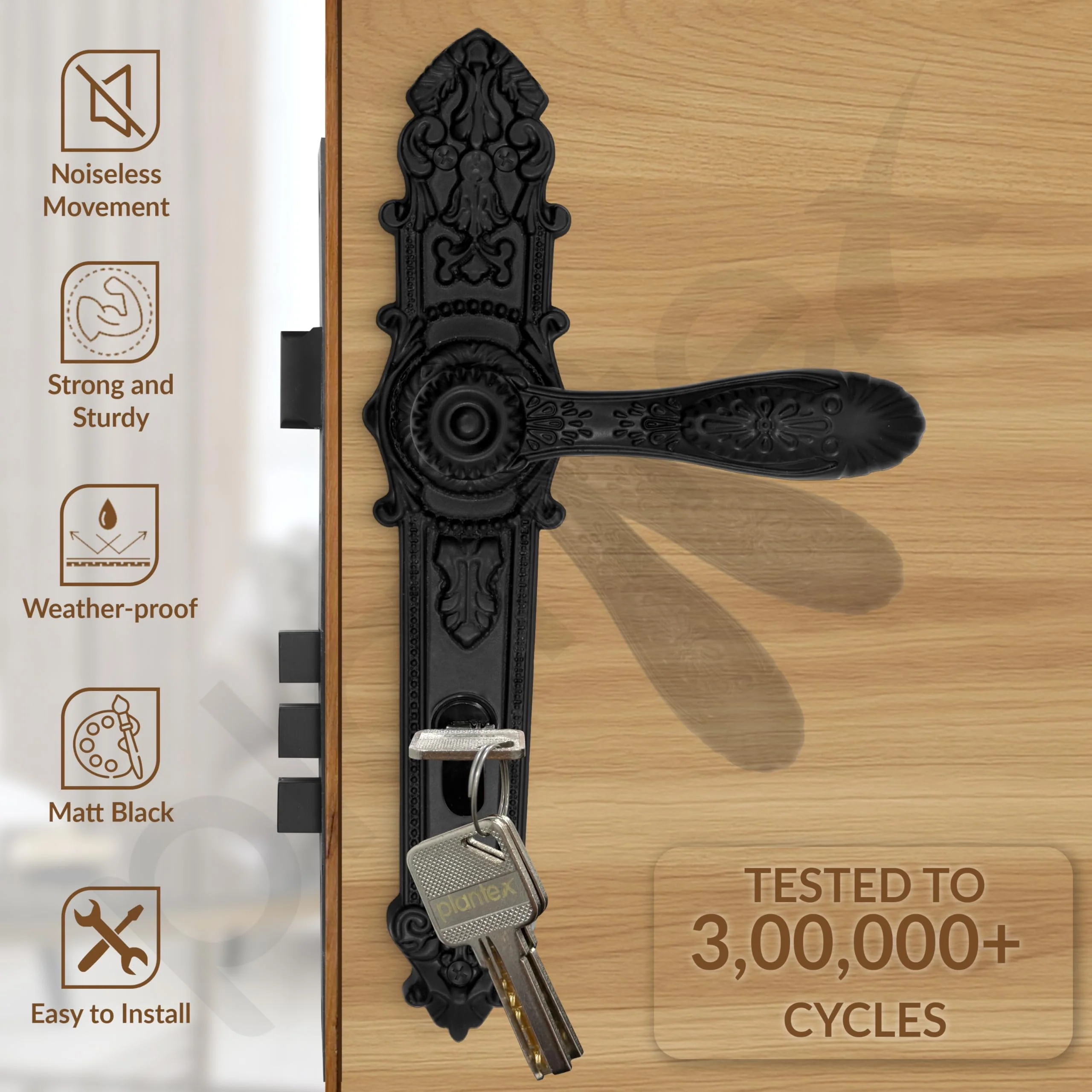 Plantex Heavy-Duty Door Lock Set for Main Door/Locks Handle Set with 3 Years of Warranty/Mortise Lock with 3 Keys, Brass Lock-Body & Cylinder(658- Black) - Image 2