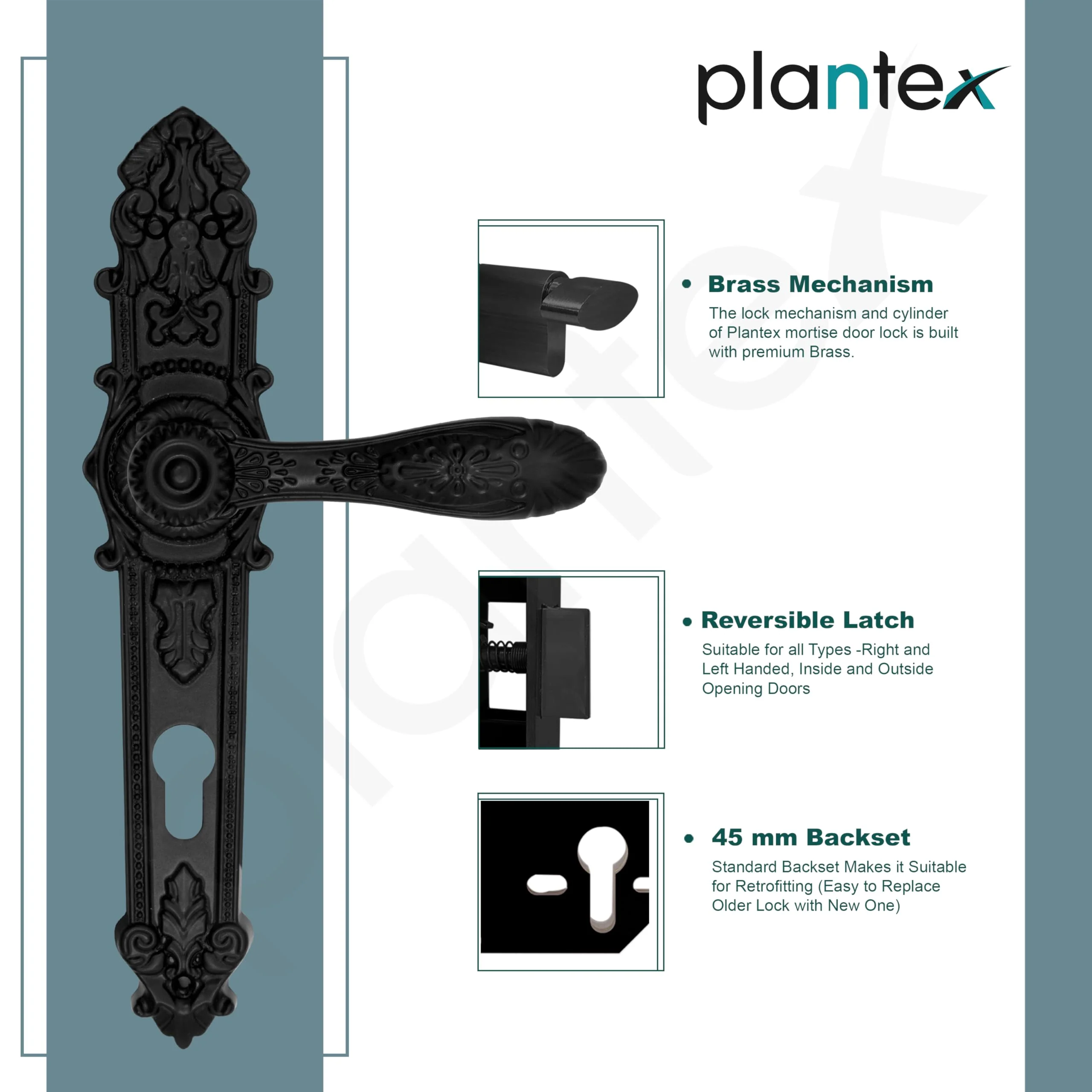 Plantex Heavy-Duty Door Lock Set for Main Door/Locks Handle Set with 3 Years of Warranty/Mortise Lock with 3 Keys, Brass Lock-Body & Cylinder(658- Black) - Image 6