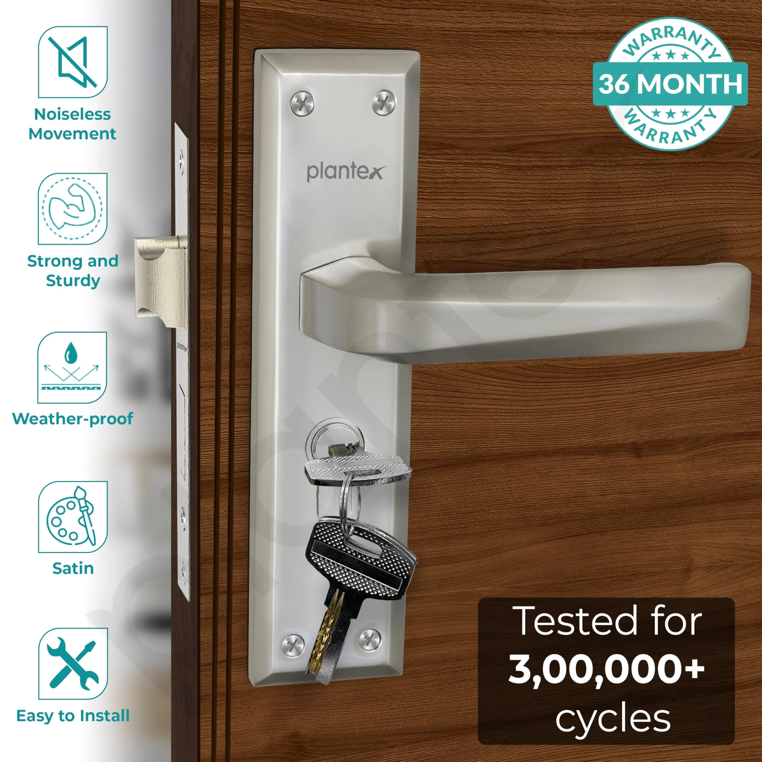 Plantex Heavy-Duty Door Lock Set - Main Door Lock Handle Set/6-Lever Lock Mechanism Mortise Lock with 3 Keys, Brass Lock Body & Cylinder (PTP-08, Satin) - Image 2