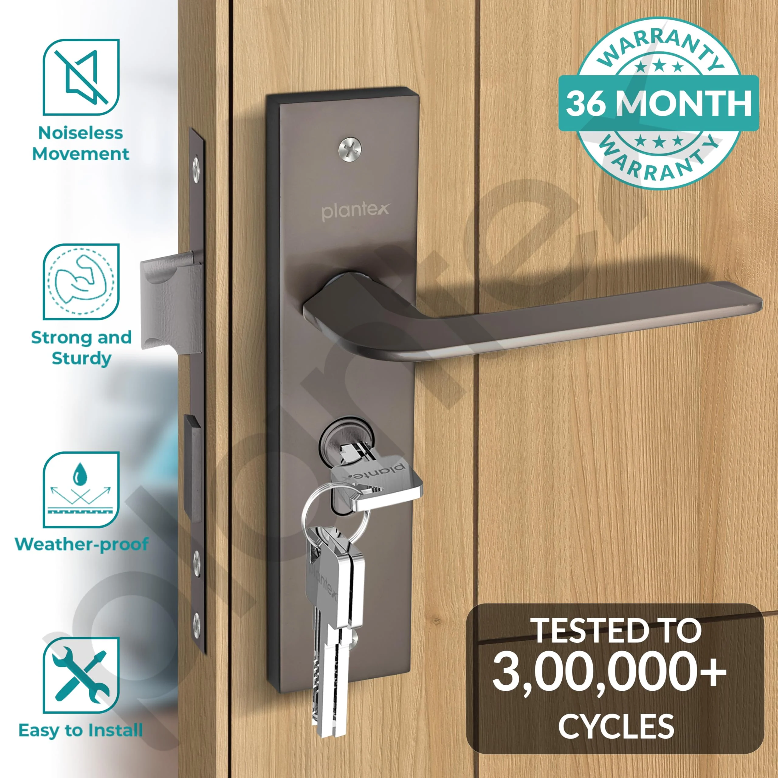 Plantex Heavy-Duty Door Lock Set - Main Door Lock Handle Set/ 6-Lever Lock Mechanism with 3 Year of Warranty/Mortise Lock with 3 Keys, Brass Lockbody & Cylinder(8105 -Satin Black) - Image 2