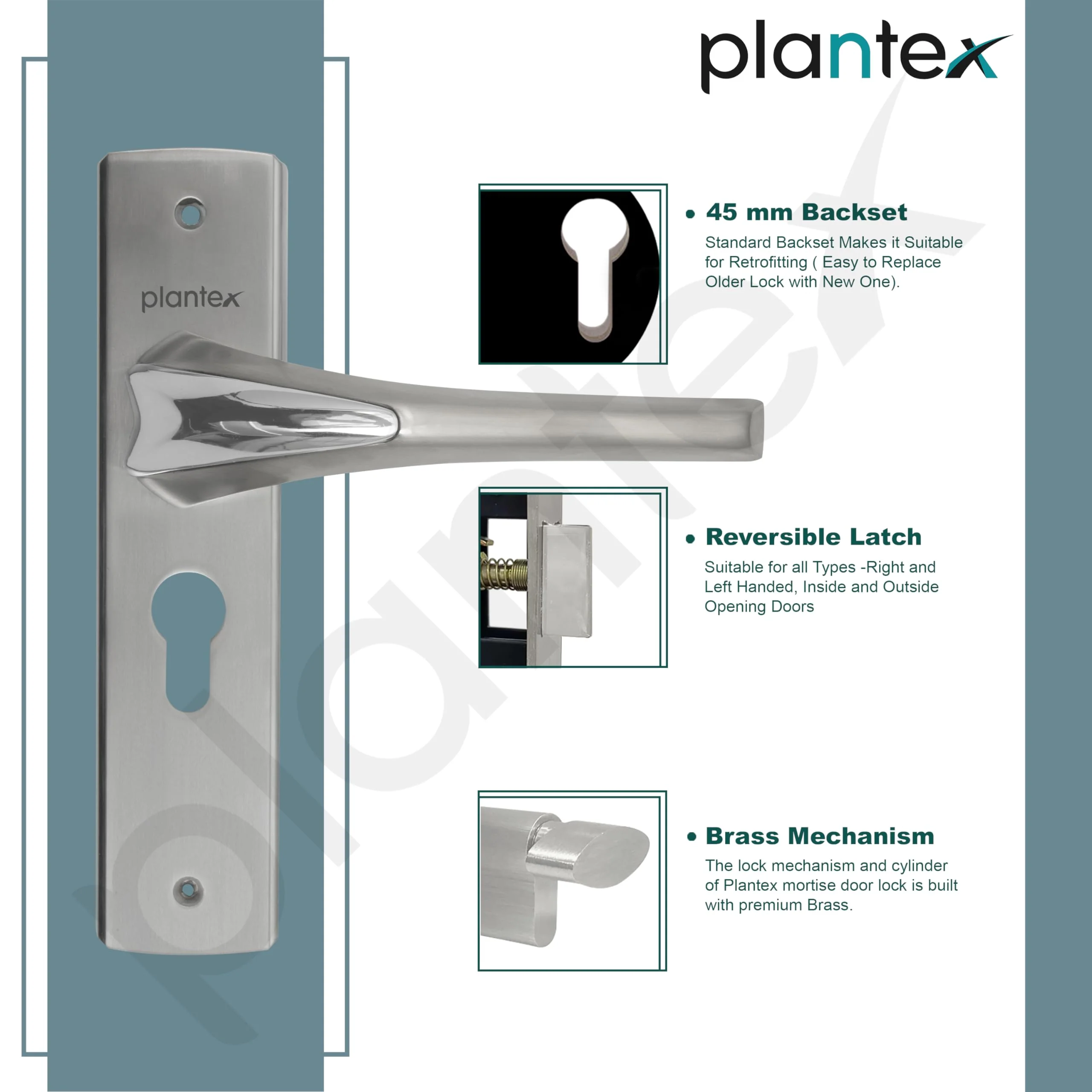Plantex Heavy-Duty Door Lock Set - Main Door Lock Handle Set/ 6-Lever Lock Mechanism with 3 Years of Warranty/Mortise Lock with 3 Keys, Brass Lock Body & Cylinder ((8026 - Chrome & Matt) - Image 4