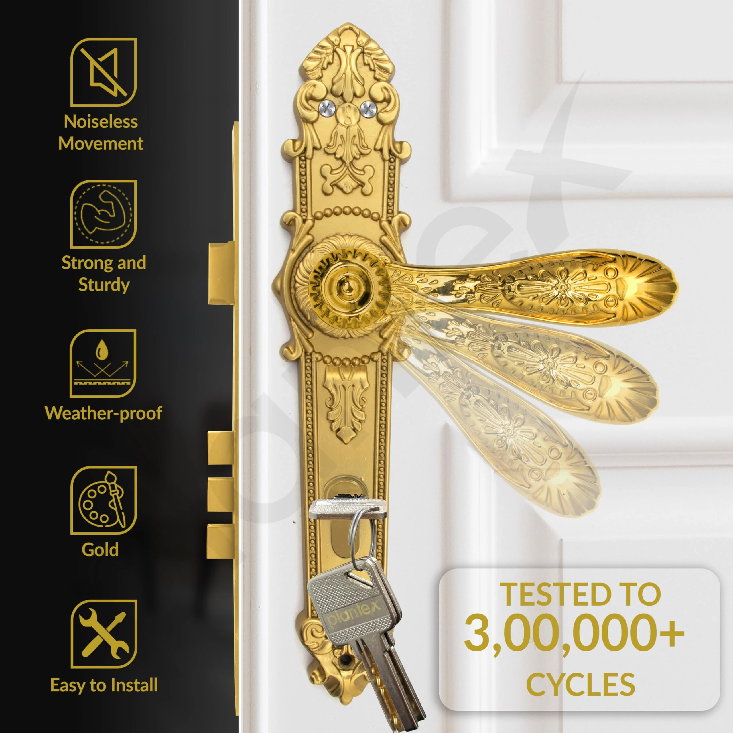 Plantex Heavy-Duty Door Lock Set -Main Door Lock Handle Set/6-Lever Lock Mechanism with 3 Years of Warranty/Mortise Lock with 3 Keys, Brass Lock Body & Cylinder(658- Gold) - Image 2