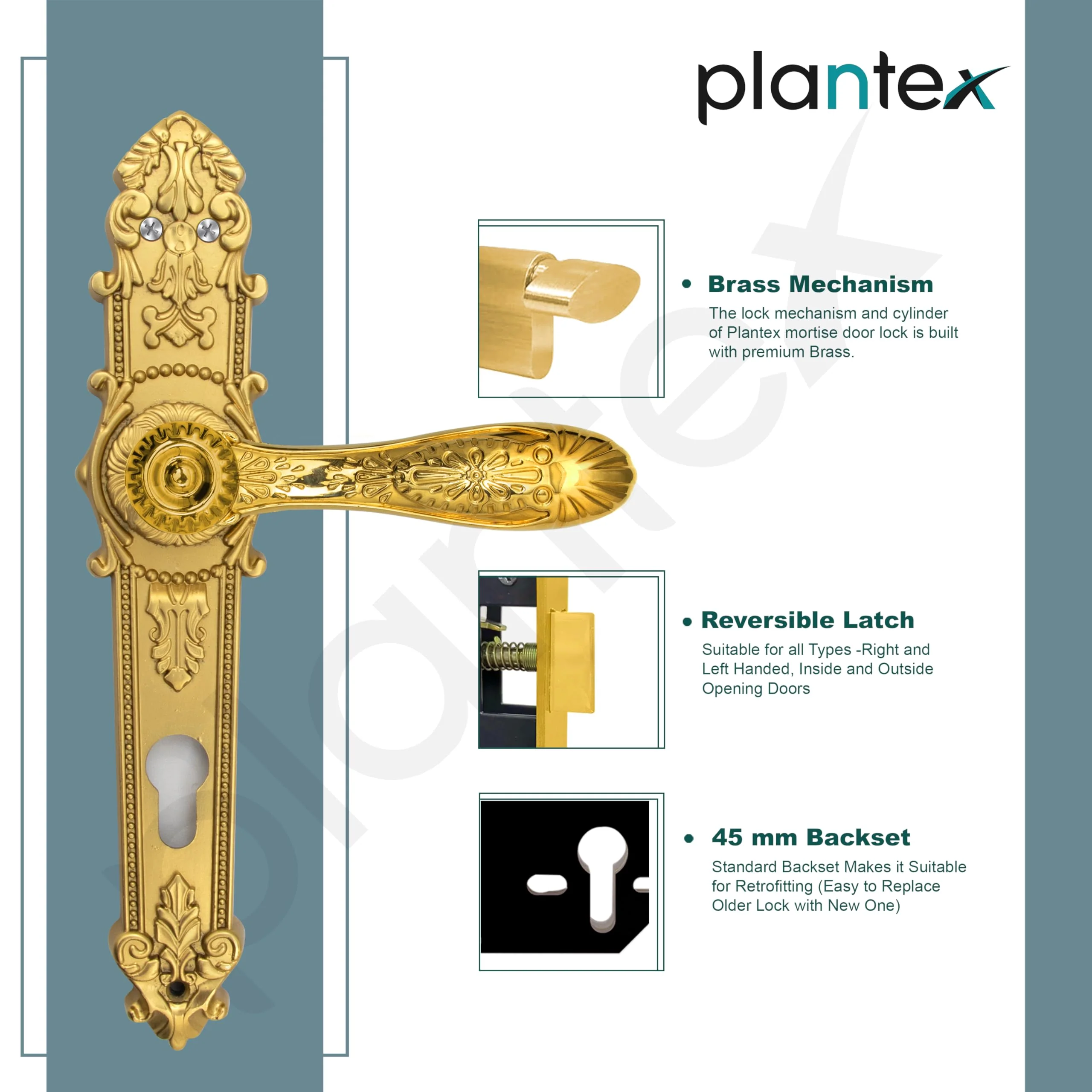 Plantex Heavy-Duty Door Lock Set -Main Door Lock Handle Set/6-Lever Lock Mechanism with 3 Years of Warranty/Mortise Lock with 3 Keys, Brass Lock Body & Cylinder(658- Gold) - Image 6