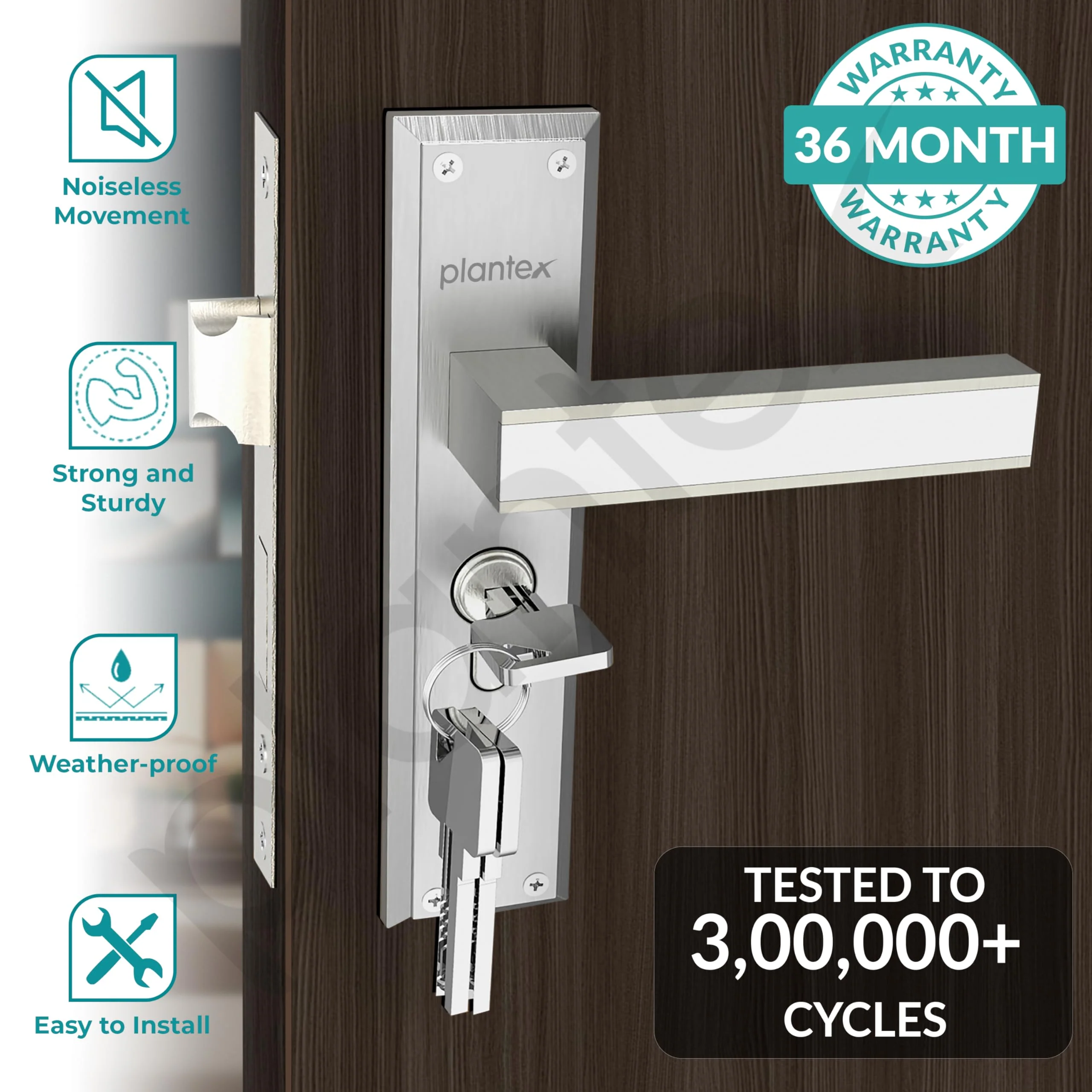 Plantex Heavy-Duty Door Lock Set - Main Door Lock Handle Set/ 6-Lever Lock Mechanism with 3 Years of Warranty/Mortise Lock with 3 Keys, Brass Lock Body & Cylinder(8081 - Chrome & Matt) - Image 2