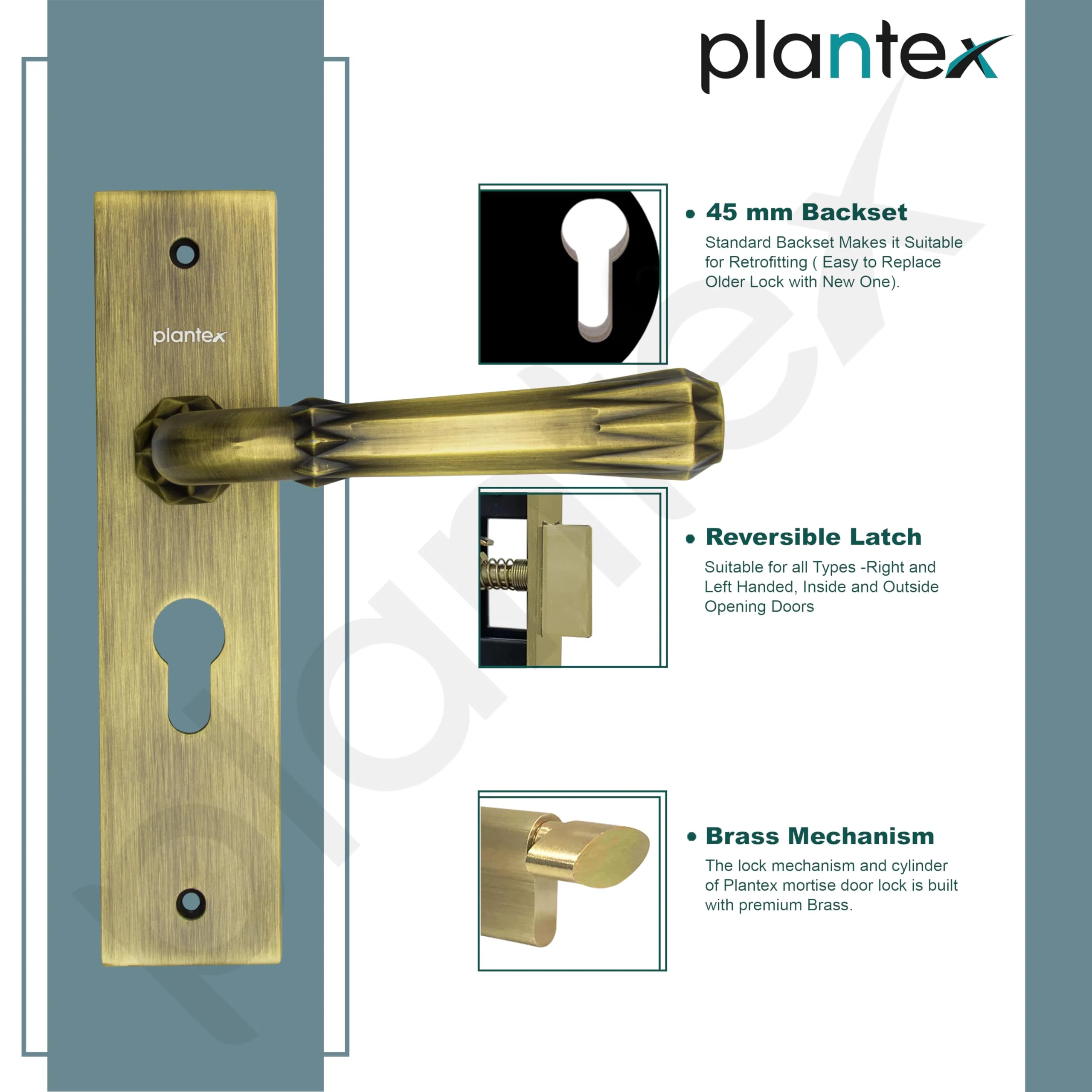 Plantex Heavy-Duty Door Lock Set - Main Door Lock Handle Set/ 6-Lever Lock Mechanism with 3 Years of Warranty/Mortise Lock with 3 Keys, Brass Lock Body & Cylinder(8117 - Brass Antique) - Image 4
