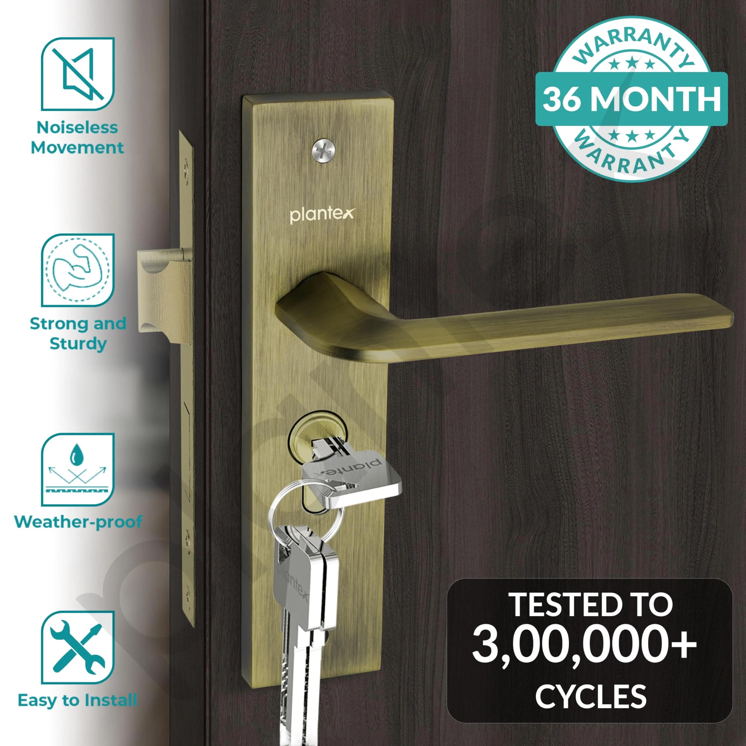 Plantex Heavy-Duty Door Lock Set - Main Door Lock Handle Set/ 6-Lever Lock Mechanism with 3 Years of Warranty/Mortise Lock with 3 Keys, Brass Lockbody & Cylinder (8105 -Brass Antique) - Image 2