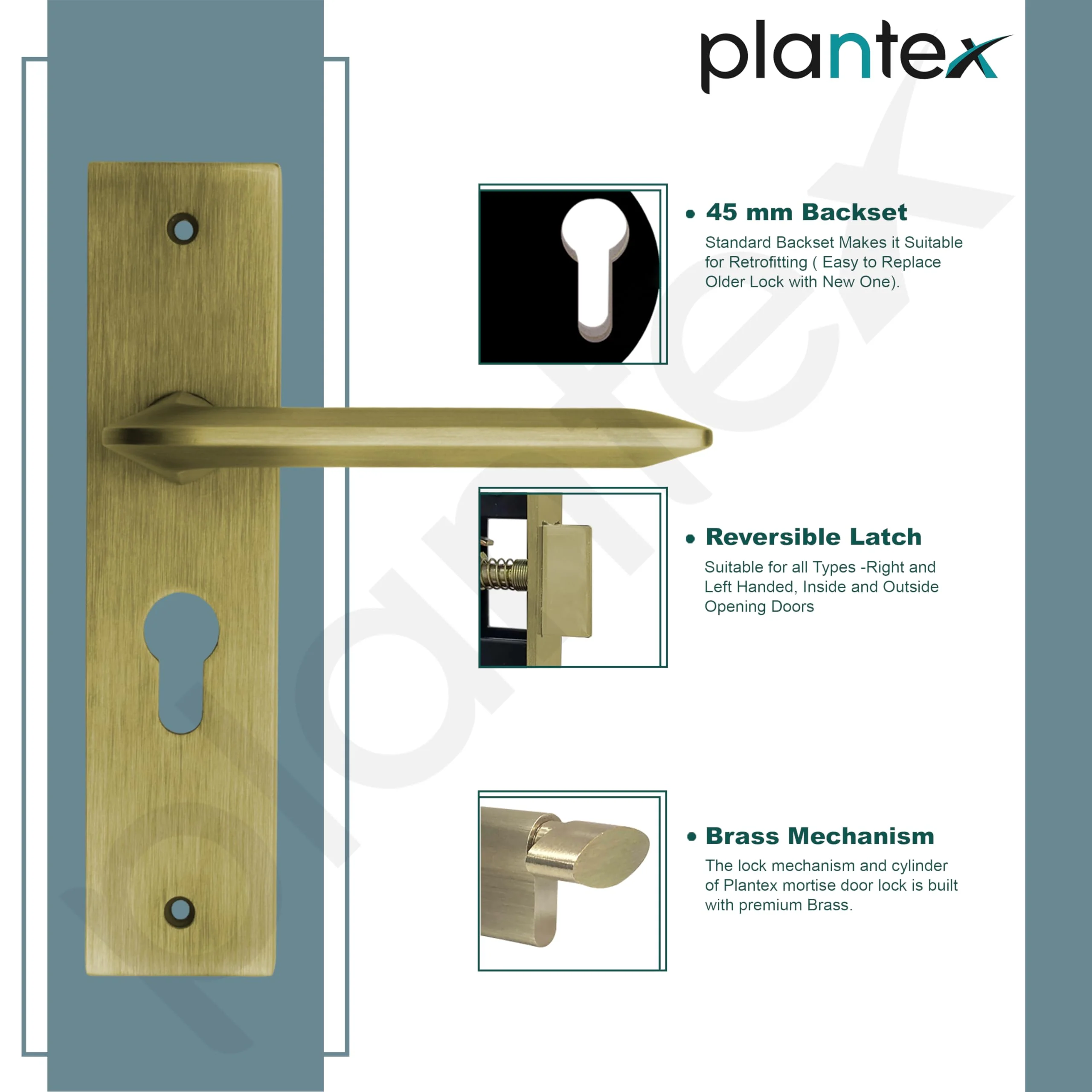Plantex Heavy-Duty Door Lock Set - Main Door Lock Handle Set/ 6-Lever Lock Mechanism with 3 Years of Warranty/Mortise Lock with 3 Keys, Brass Lockbody & Cylinder (8105 -Brass Antique) - Image 4