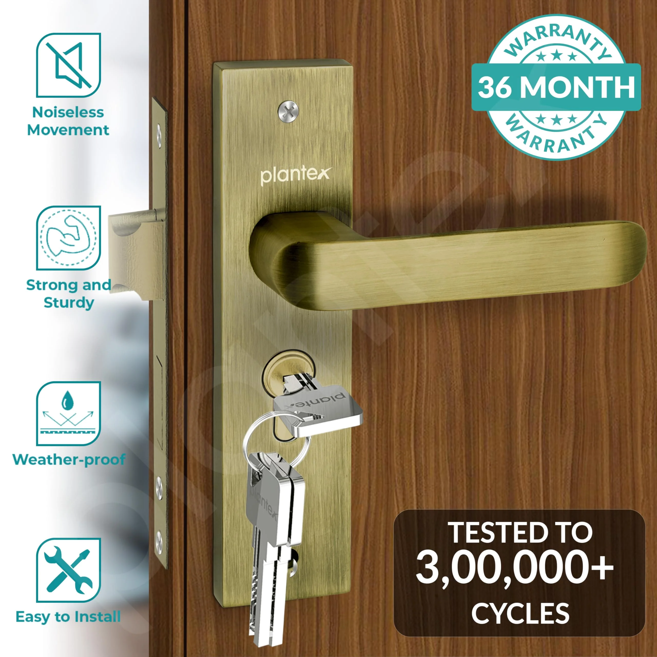 Plantex Heavy-Duty Door Lock Set - Main Door Lock Handle Set/ 6-Lever Lock Mechanism with 3 Years of Warranty/Mortise Lock with 3 Keys, Brass Lockbody & Cylinder (8110 - Brass Antique) - Image 2