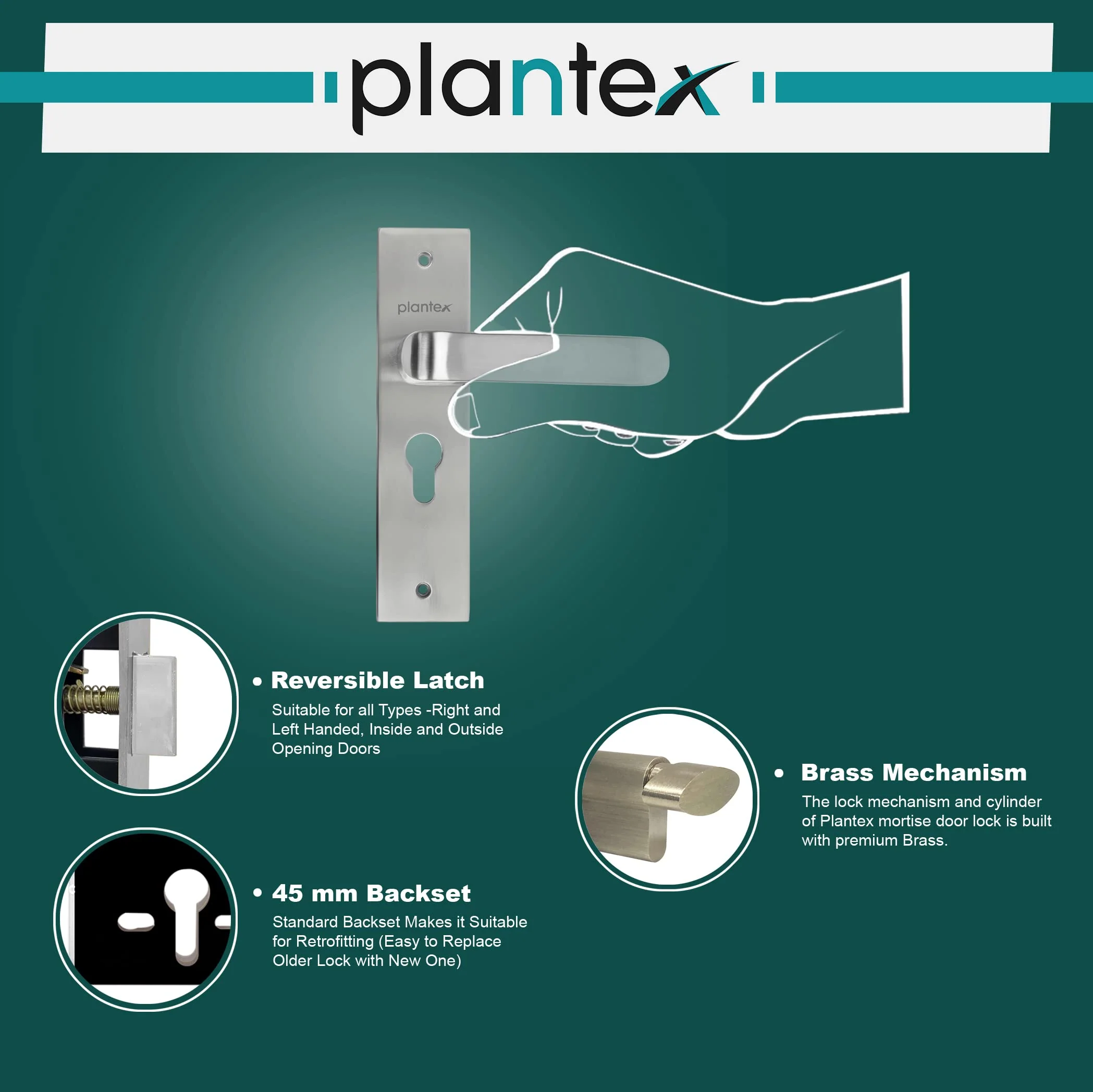Plantex Heavy-Duty Door Lock Set - Main Door Lock Handle Set/ 6-Lever Lock Mechanism with 3 Years of Warranty/Mortise Lock with 3 Keys, Brass Lockbody & Cylinder(8110 - Matt) - Image 4