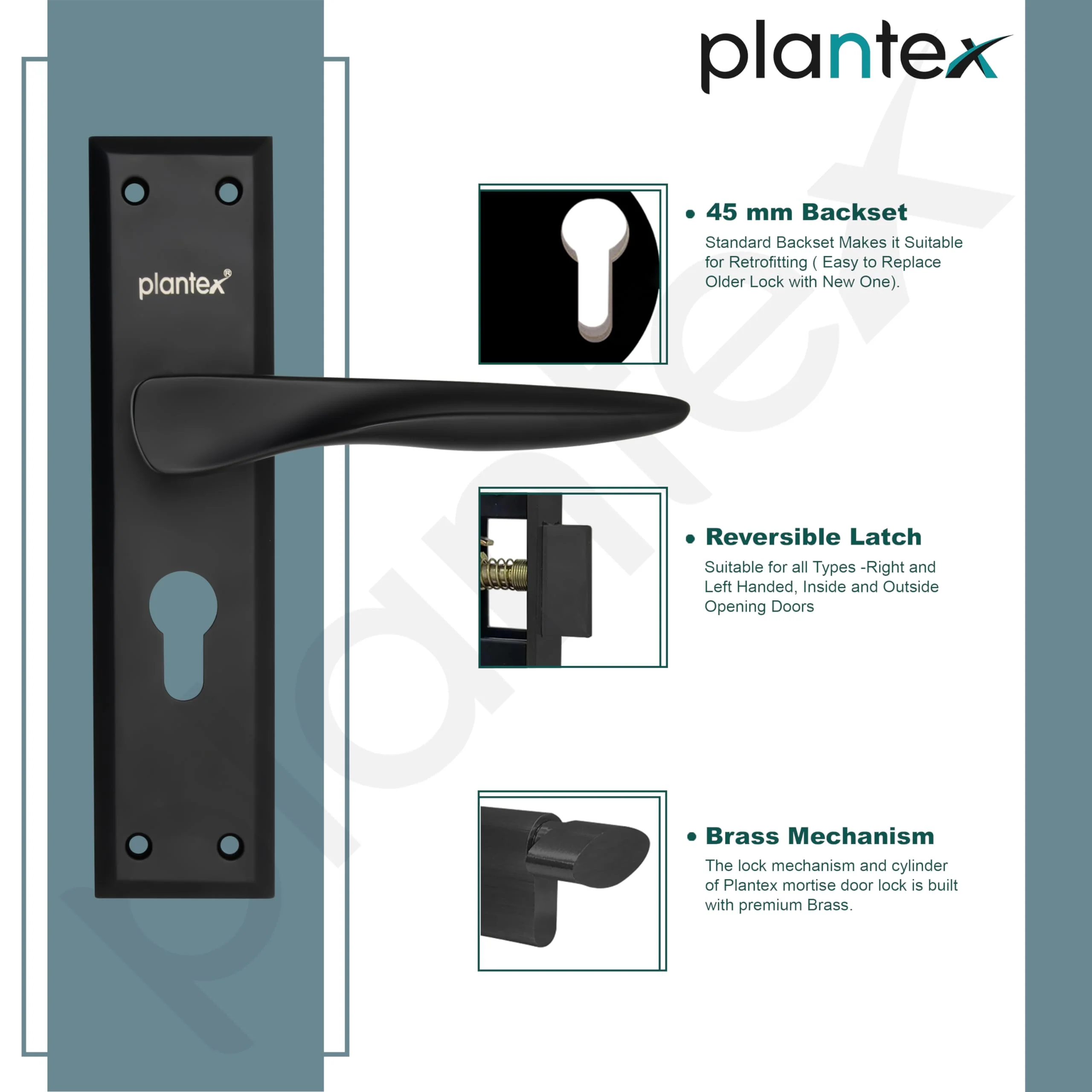 Plantex Heavy-Duty Door Lock Set - Main Door Lock Handle Set/ 6-Lever Lock Mechanism with 3 Years of Warranty/Mortise Lock with 3 Keys, Brass Lockbody & Cylinder(Black) - Image 4