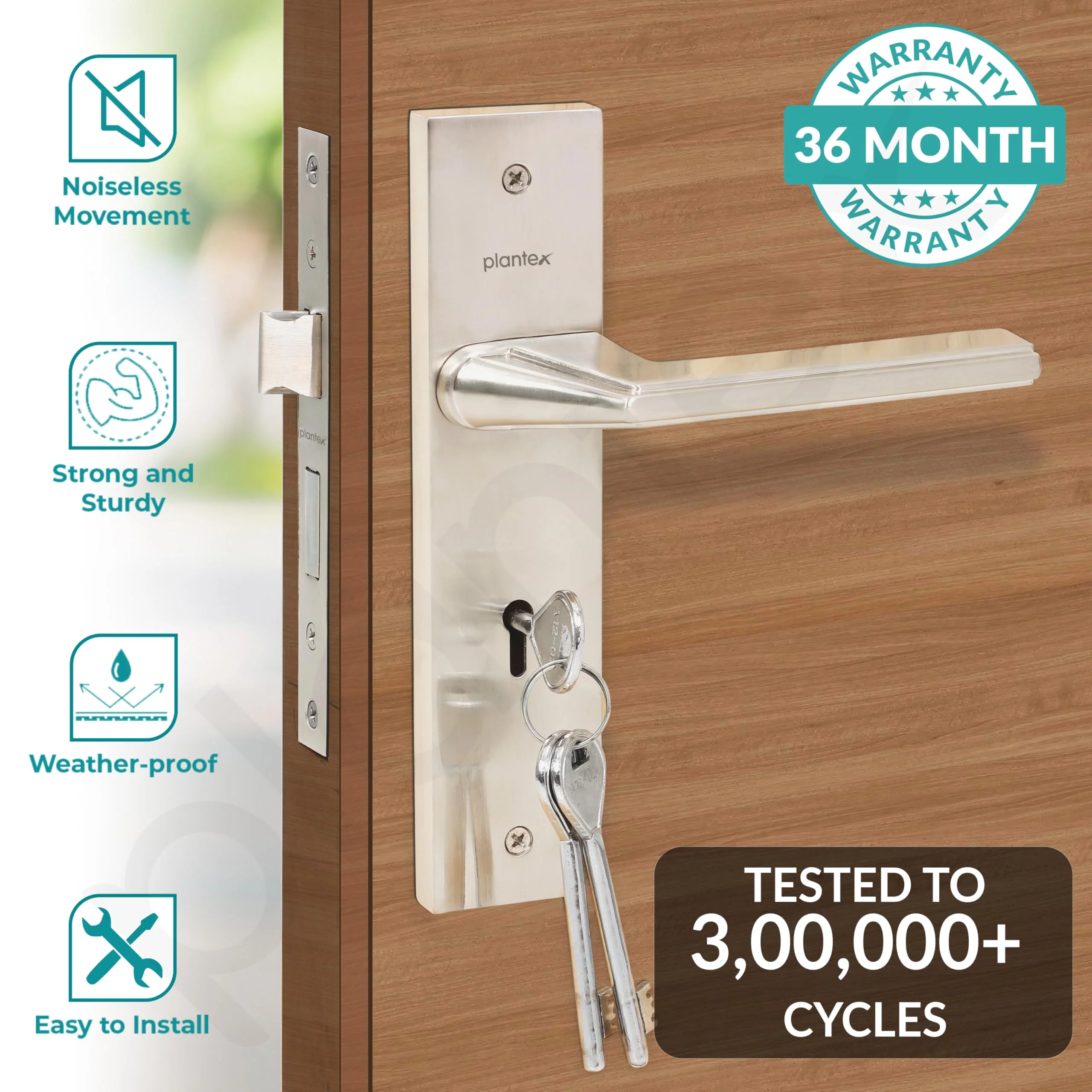 Plantex Heavy-Duty Door Lock Set - Main Door Lock Handle Set/ 6-Lever Lock Mechanism with 3 Years of Warranty/Mortise Lock with 3 Keys, Brass Lockbody (Matt) - Image 2