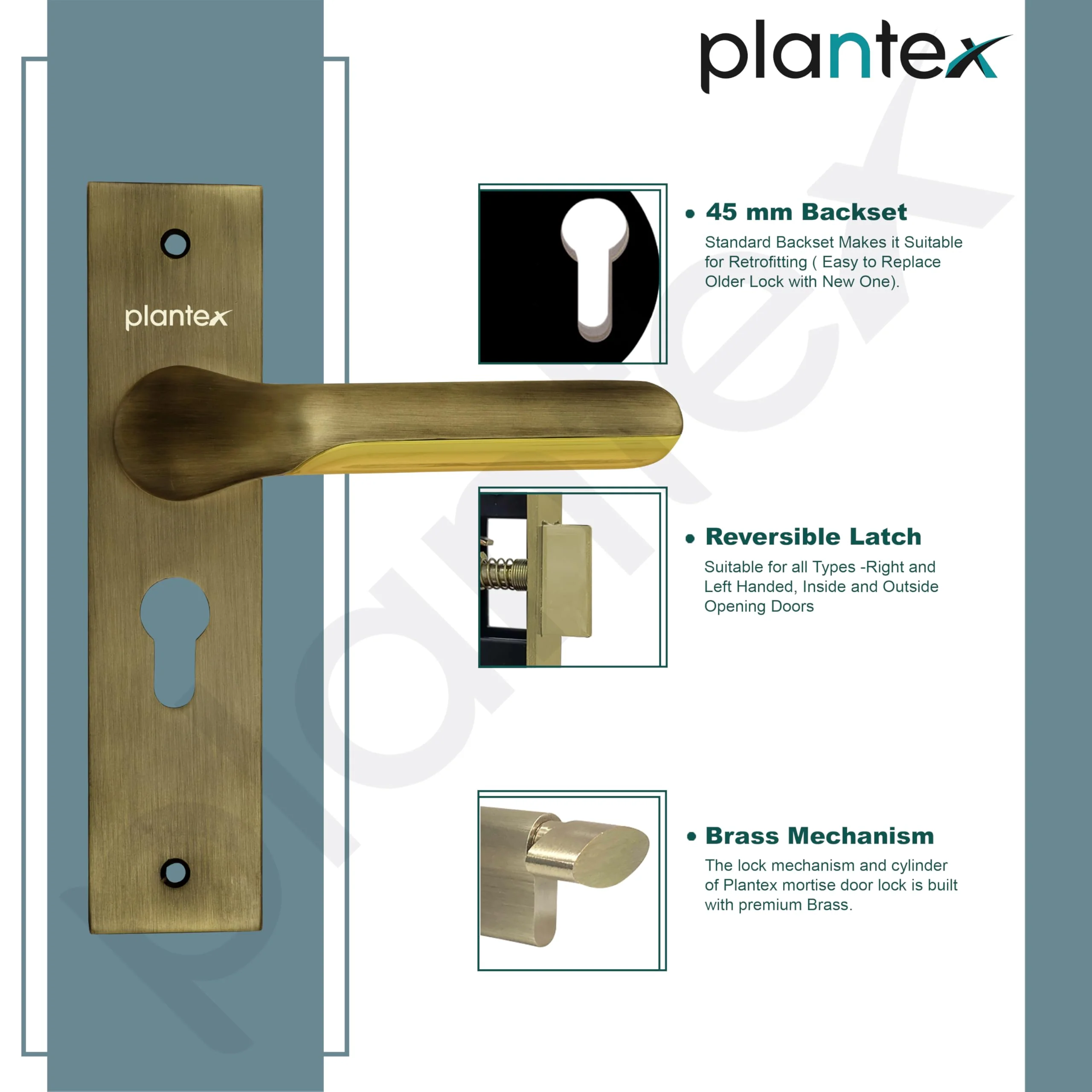 Plantex Heavy-Duty Door Lock Set - Main Door Lock Handle Set/Mortise Lock with 3 Keys, Brass Lock Body & Cylinder (8121 - Brass Antique & PVD Gold) - Image 6