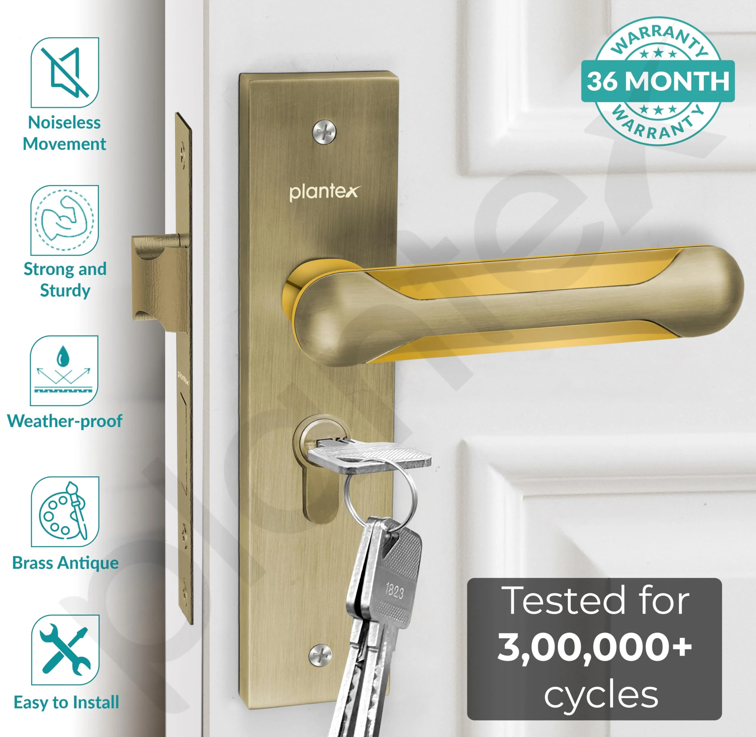 Plantex Heavy-Duty Door Lock Set - Main Door Lock Handle Set/Mortise Lock with 3 Keys, Brass Lock Body & Cylinder (8124 - Brass Antique & PVD Gold) - Image 2