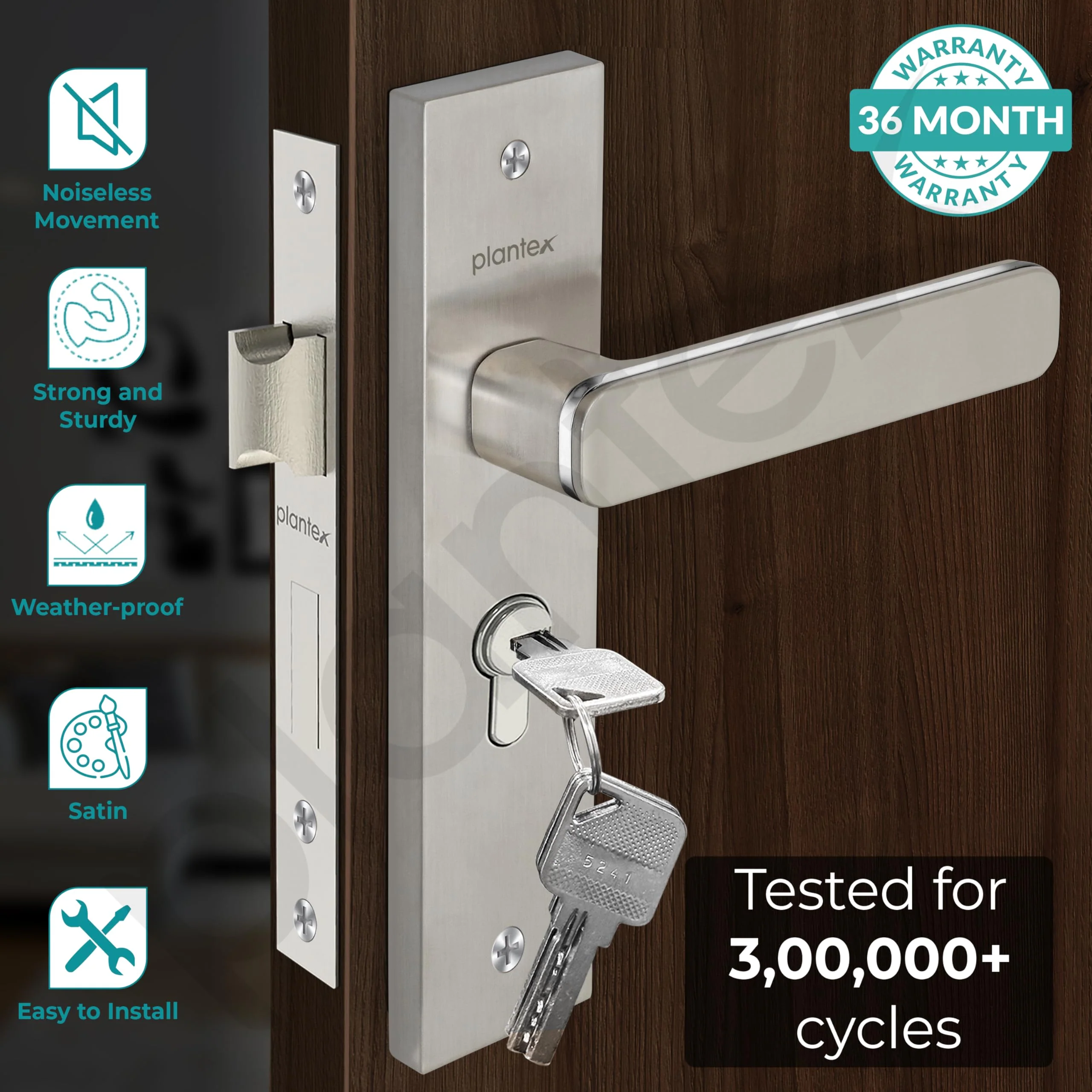Plantex Heavy-Duty Door Lock Set - Main Door Lock Handle Set/Mortise Lock with 3 Keys, Brass Lock Body & Cylinder (8125 - Steel Satin & Chrome) - Image 2