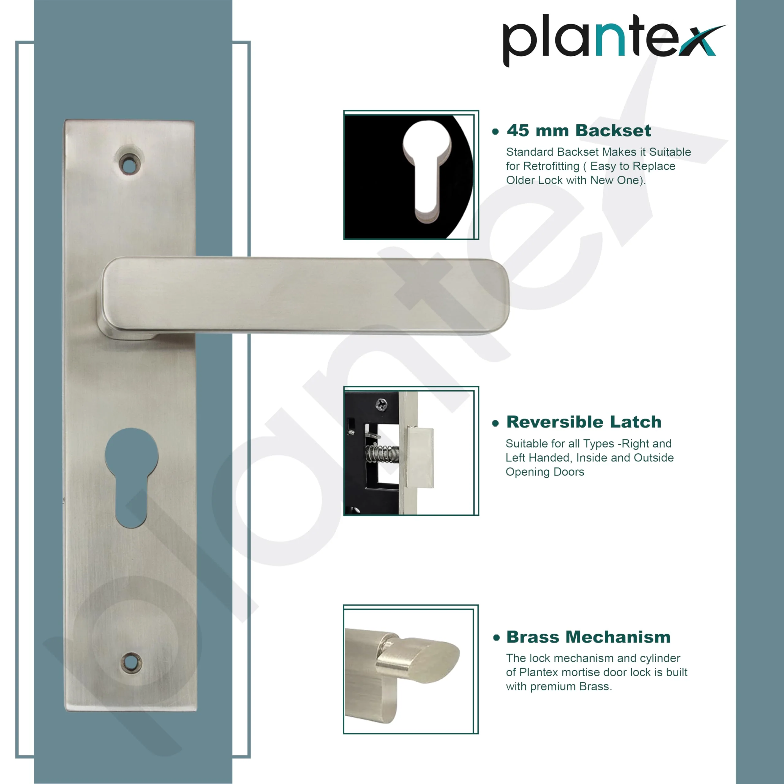 Plantex Heavy-Duty Door Lock Set - Main Door Lock Handle Set/Mortise Lock with 3 Keys, Brass Lock Body & Cylinder (8125 - Steel Satin & Chrome) - Image 6