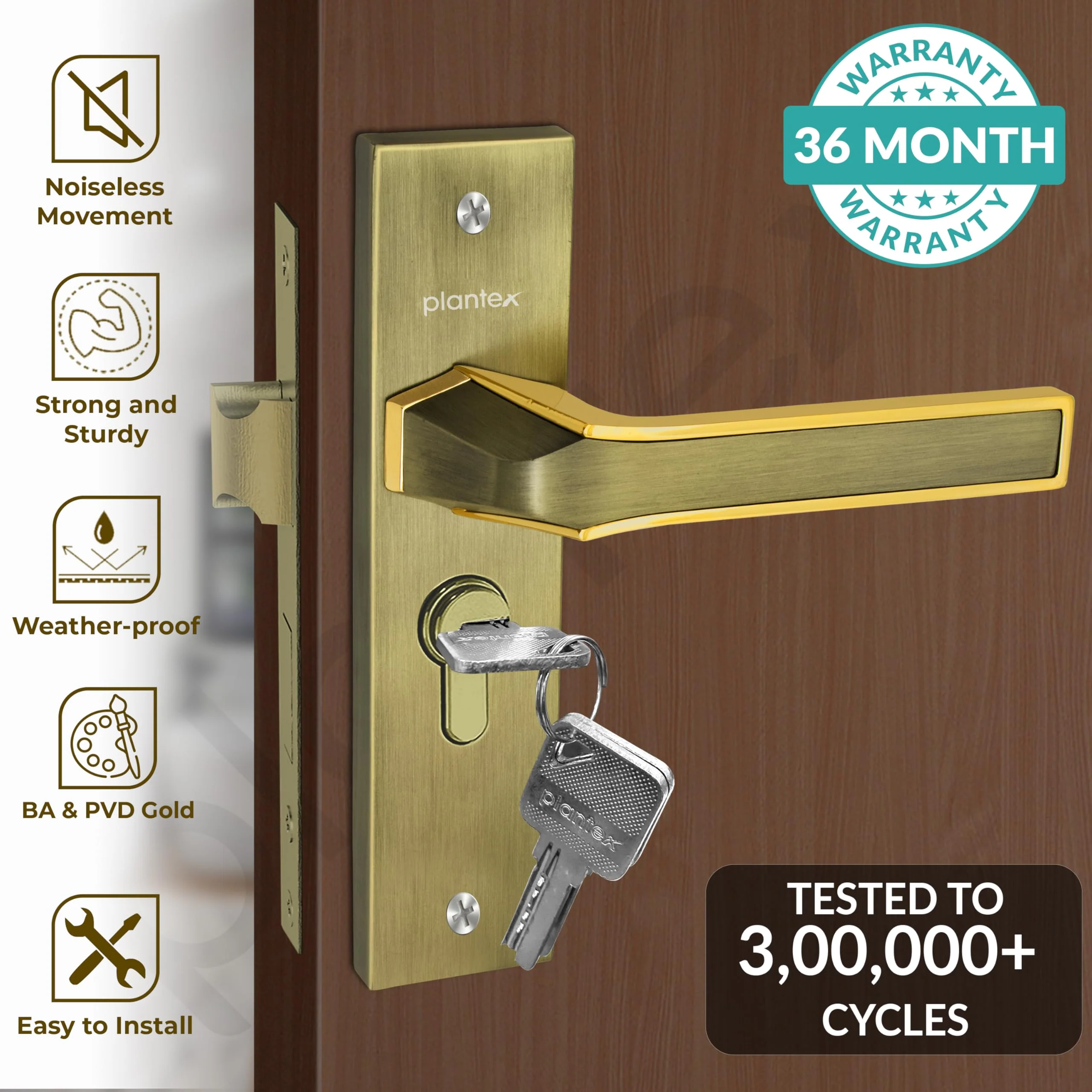 Plantex Heavy-Duty Door Lock Set - Main Door Lock Handle Set/Mortise Lock with 3 Keys, Brass Lock Body & Cylinder (8126 - Brass Antique & PVD Gold) - Image 2