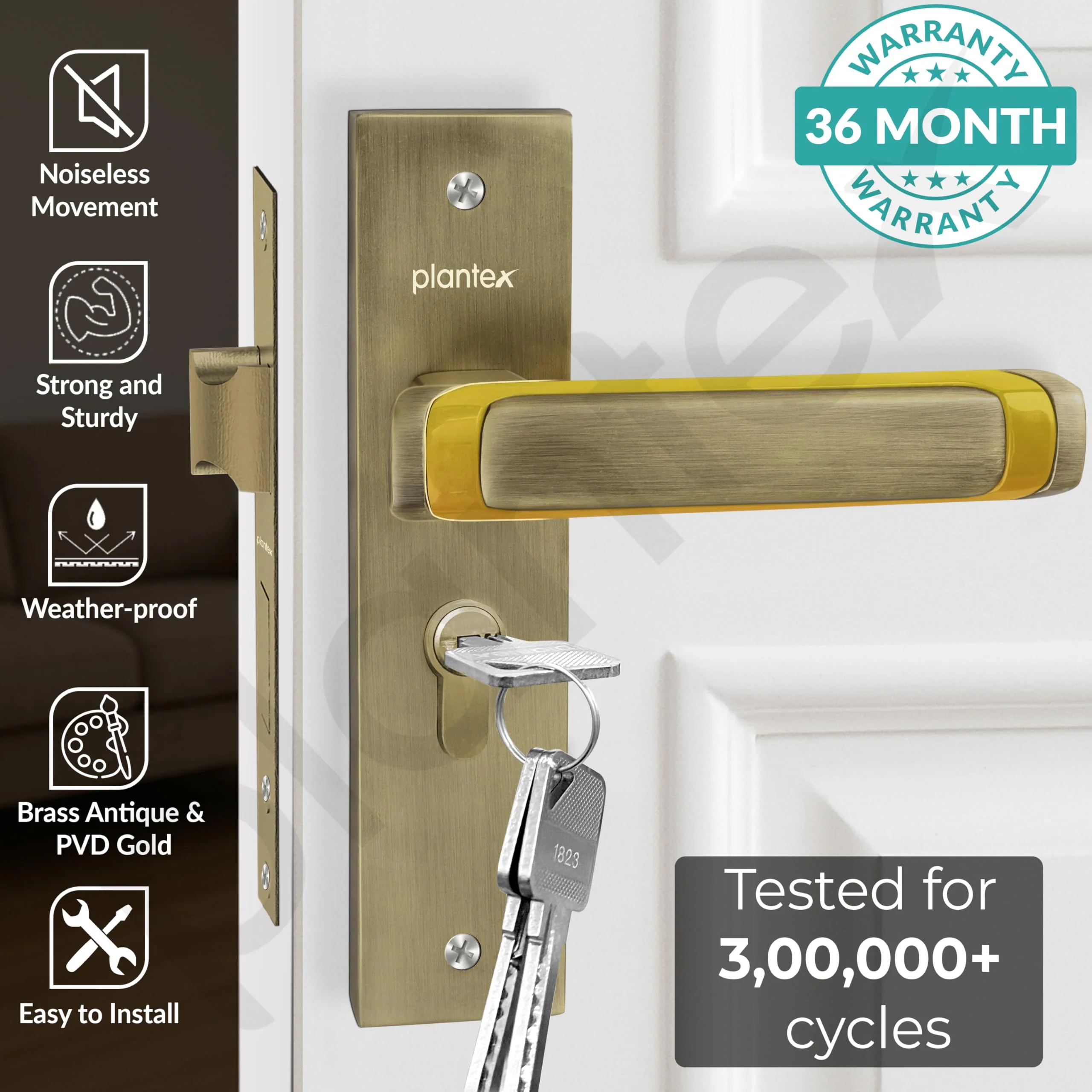 Plantex Heavy-Duty Door Lock Set - Main Door Lock Handle Set/Mortise Lock with 3 Keys, Brass Lock Body & Cylinder (8127 - Brass Antique & PVD Gold) - Image 2