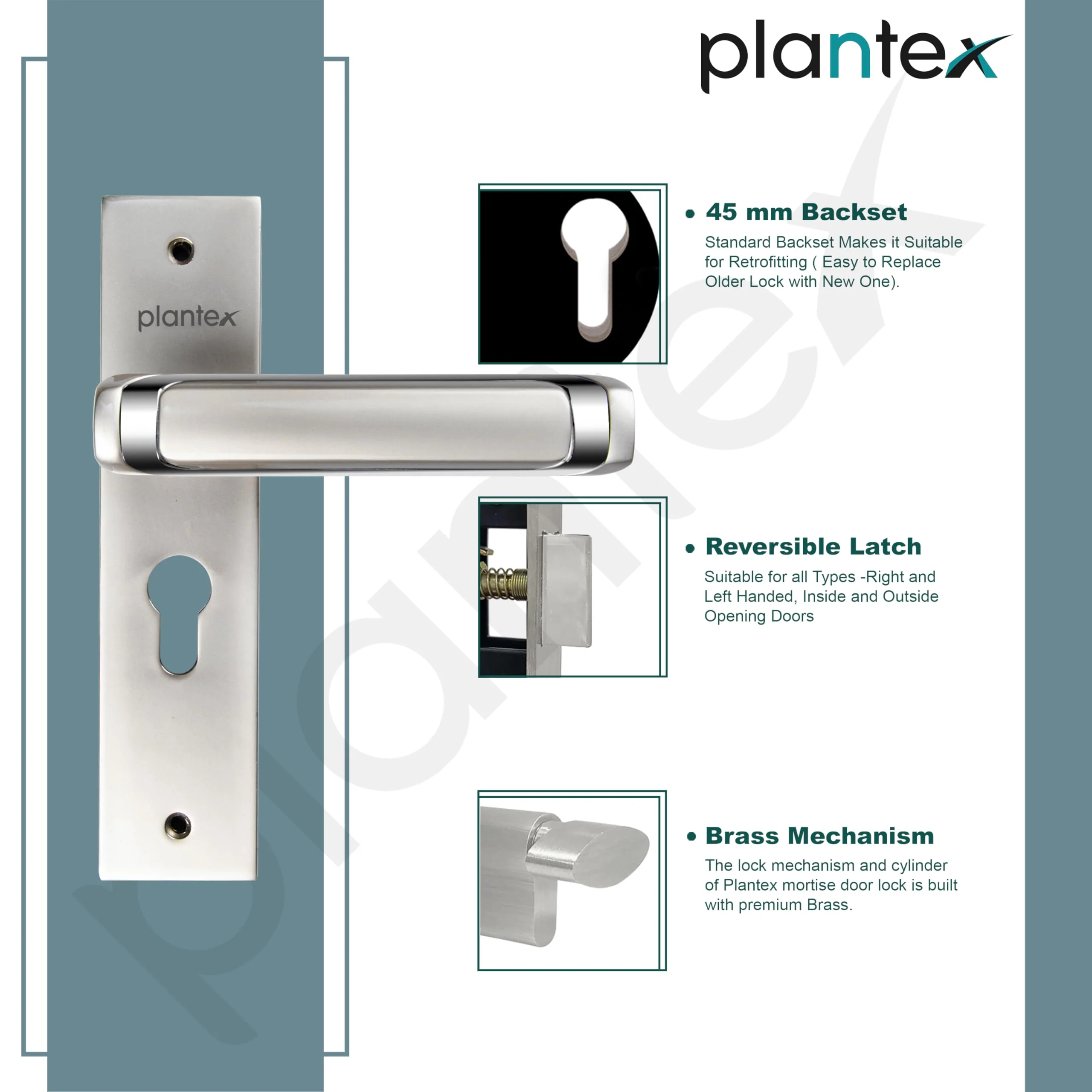 Plantex Heavy-Duty Door Lock Set - Main Door Lock Handle Set/Mortise Lock with 3 Keys, Brass Lock Body & Cylinder (8127 - Satin White & Chrome) - Image 6