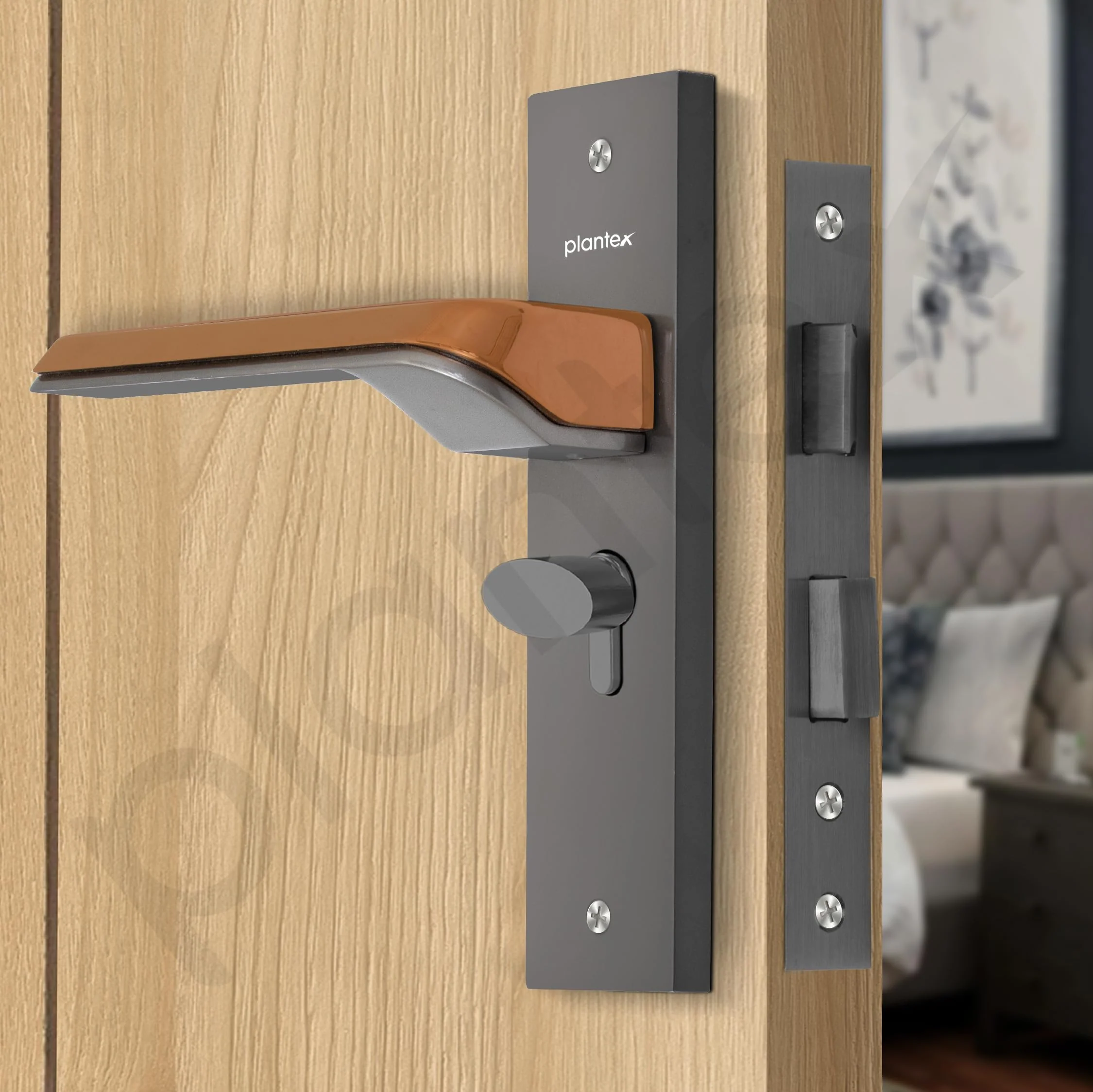 Plantex Heavy-Duty Door Lock Set - Main Door Lock Handle Set/Mortise Lock with 3 Keys, Brass Lockbody & Cylinder (8113 - Satin Black & PVD Choco) - Image 4
