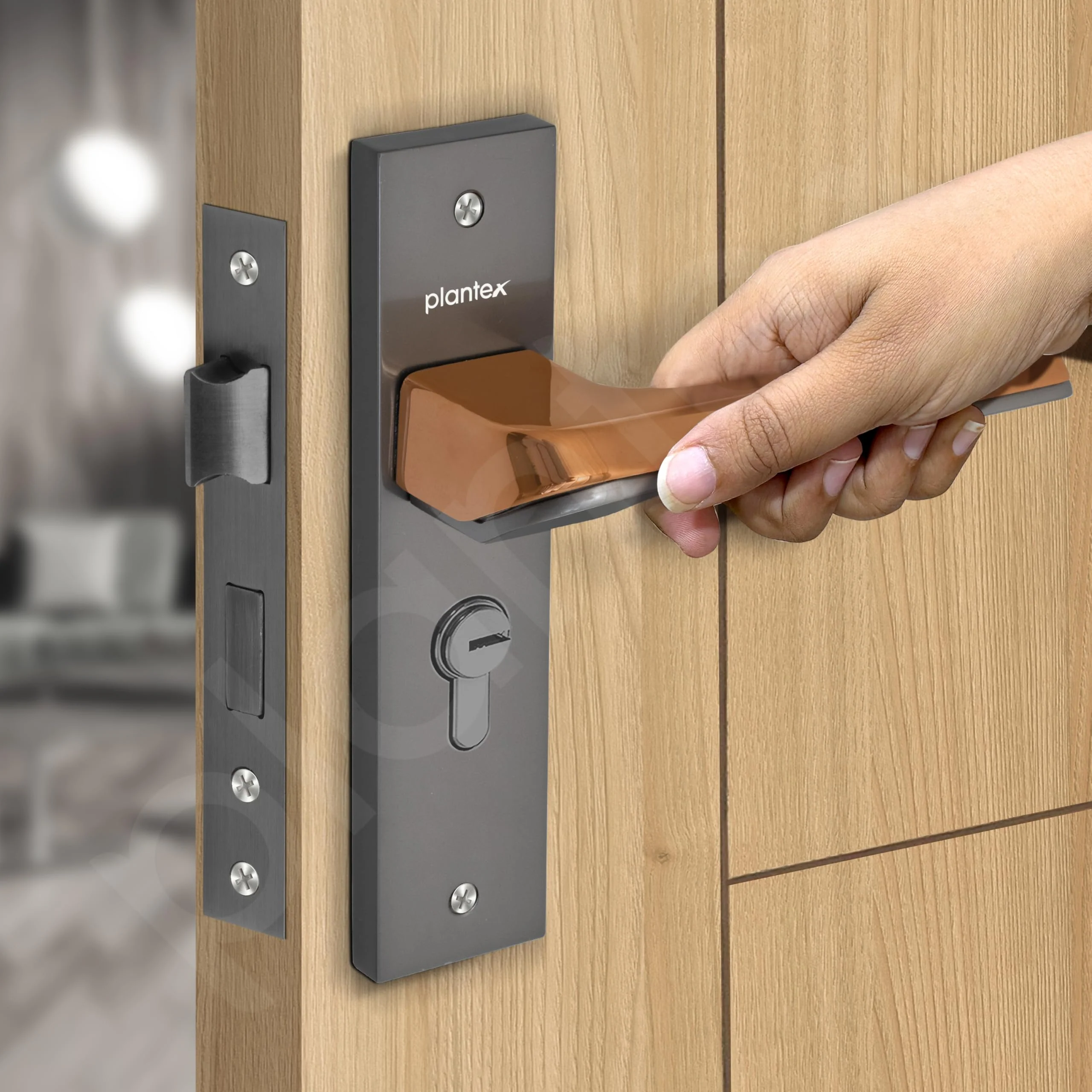 Plantex Heavy-Duty Door Lock Set - Main Door Lock Handle Set/Mortise Lock with 3 Keys, Brass Lockbody & Cylinder (8113 - Satin Black & PVD Choco) - Image 7