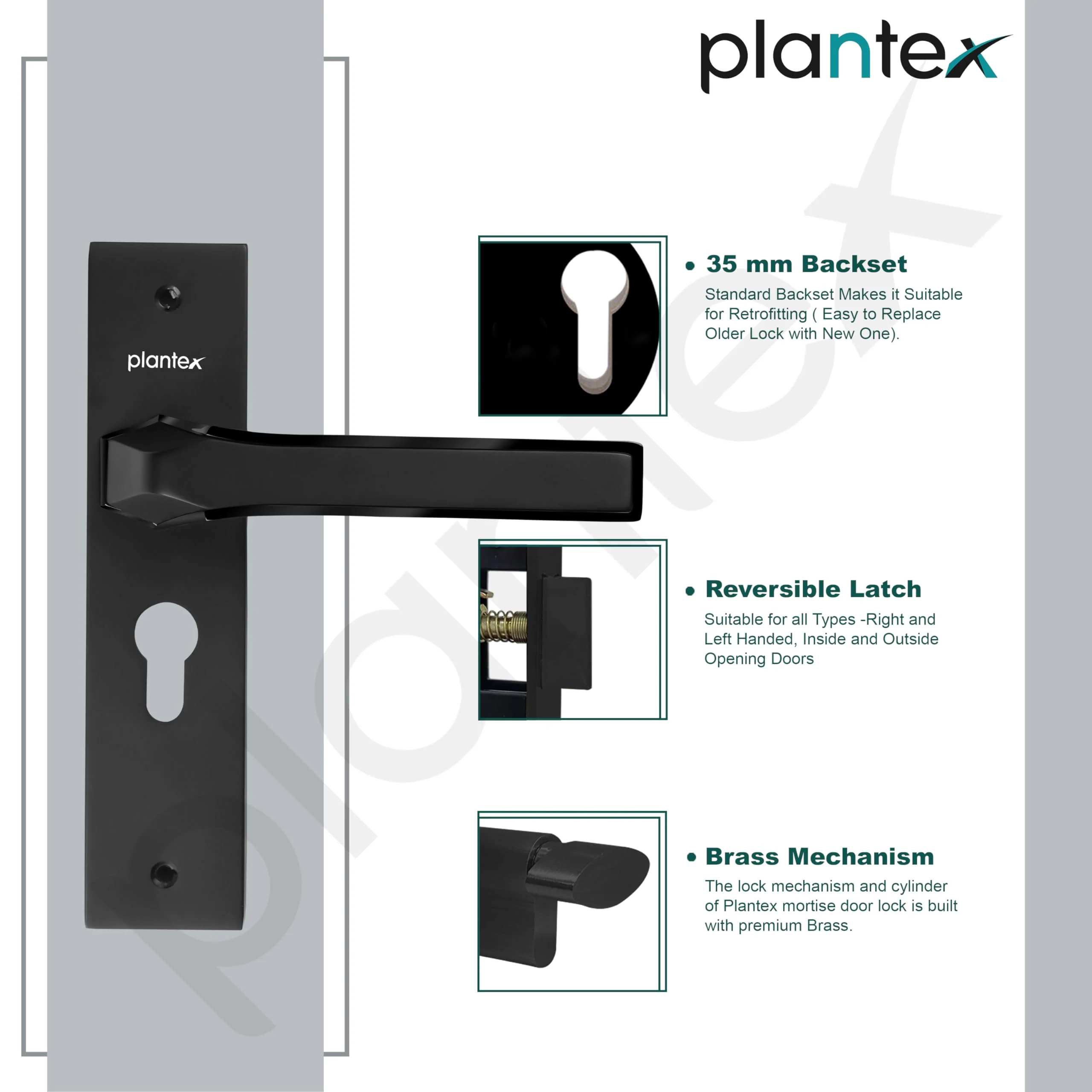 Plantex Heavy Duty Door Lock Set - Main Door Lock Handle Set/Mortise Locks with 3 Keys, Brass Body & Cylinder (8126 - Z Black & DC Black) - Image 6