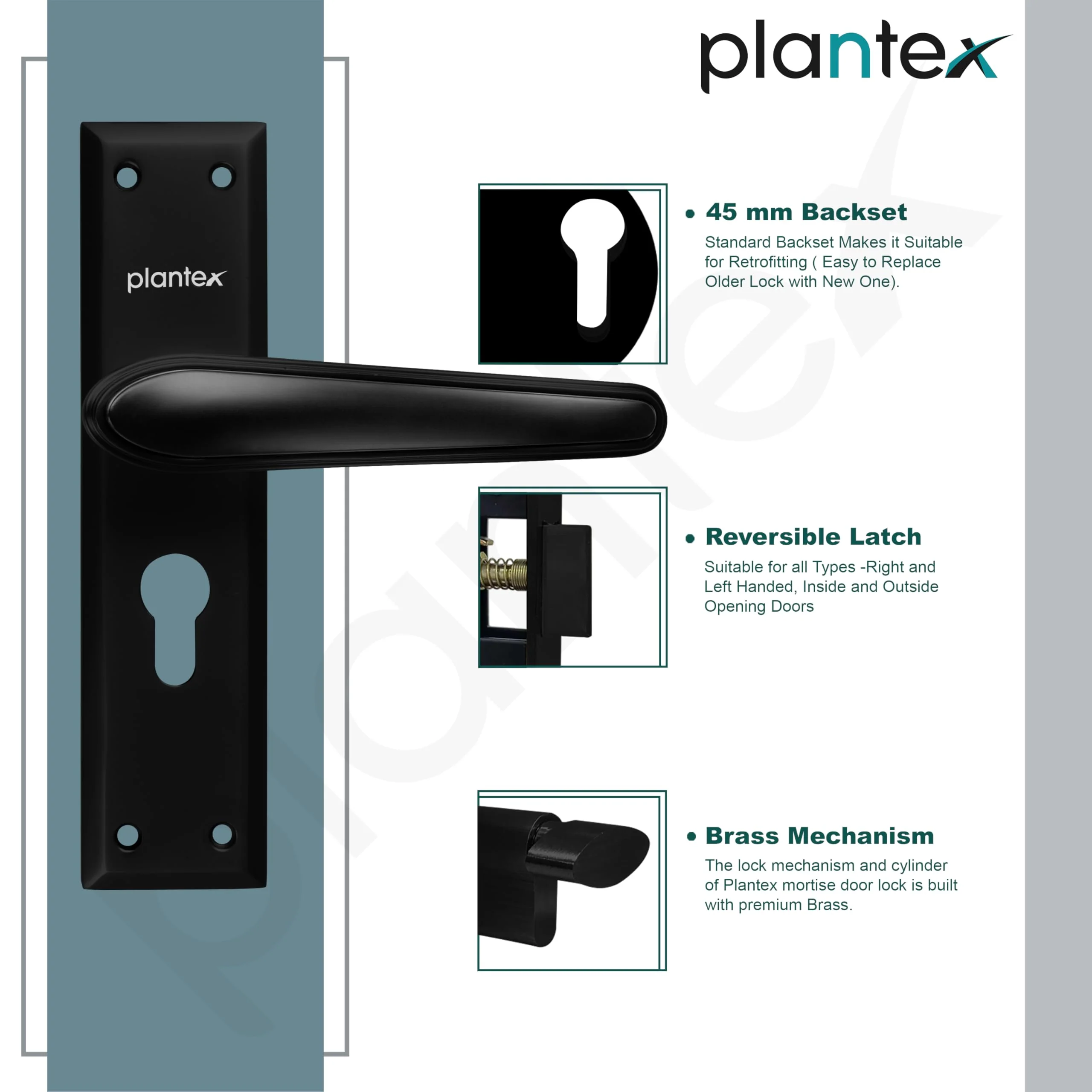 Plantex Heavy-Duty Door Lock Set - Main Door Lock Plate Handle Set/6-Lever Mechanism Mortise Locks with 3 Keys/Brass Locks Body & Cylinder (PTP-09- Black) - Image 6
