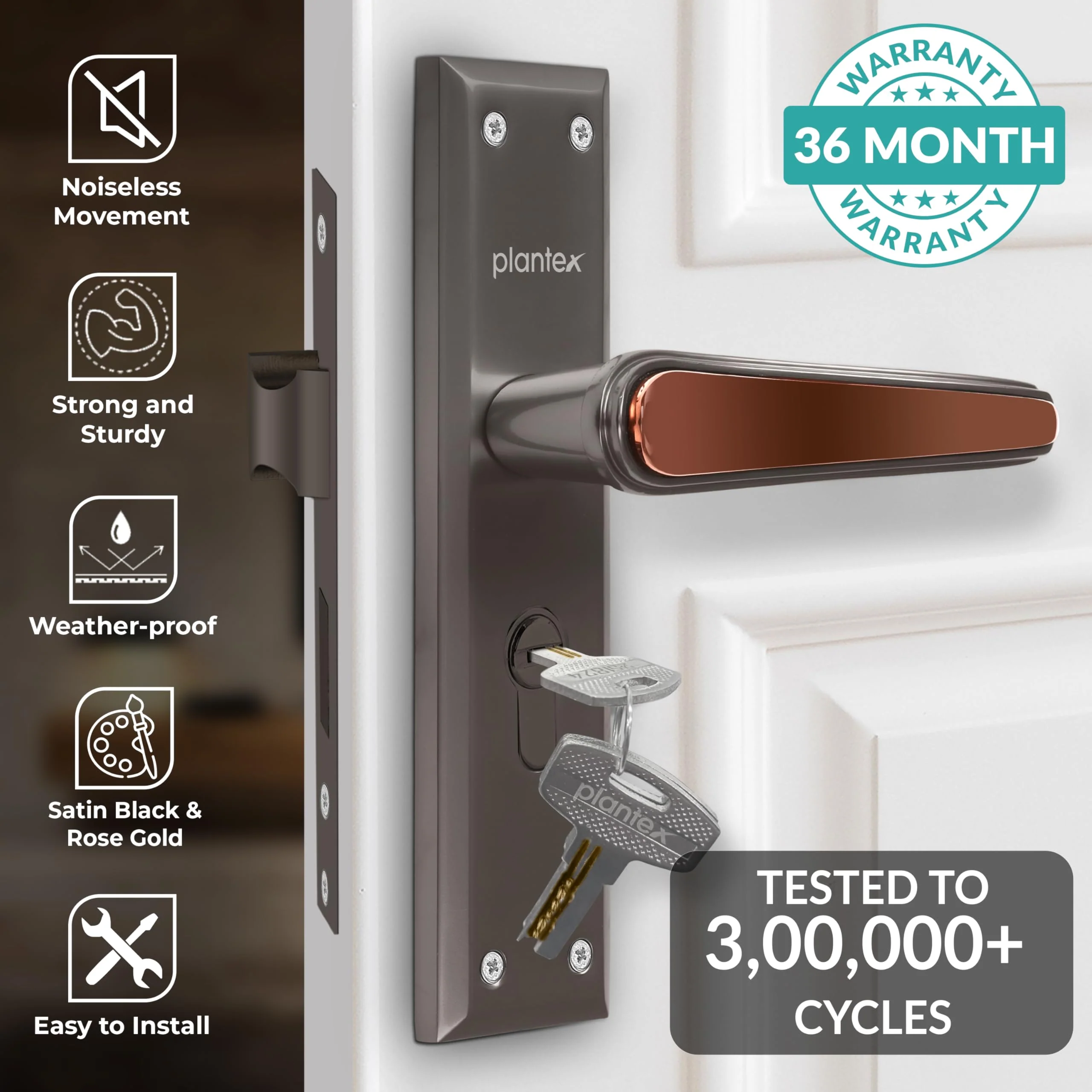 Plantex Heavy-Duty Door Lock Set - Main Door Lock Plate Handle Set/6-Lever Mechanism Mortise Locks with 3 Keys/Brass Locks Body & Cylinder (PTP-09- Satin Black & Rose Gold) - Image 2